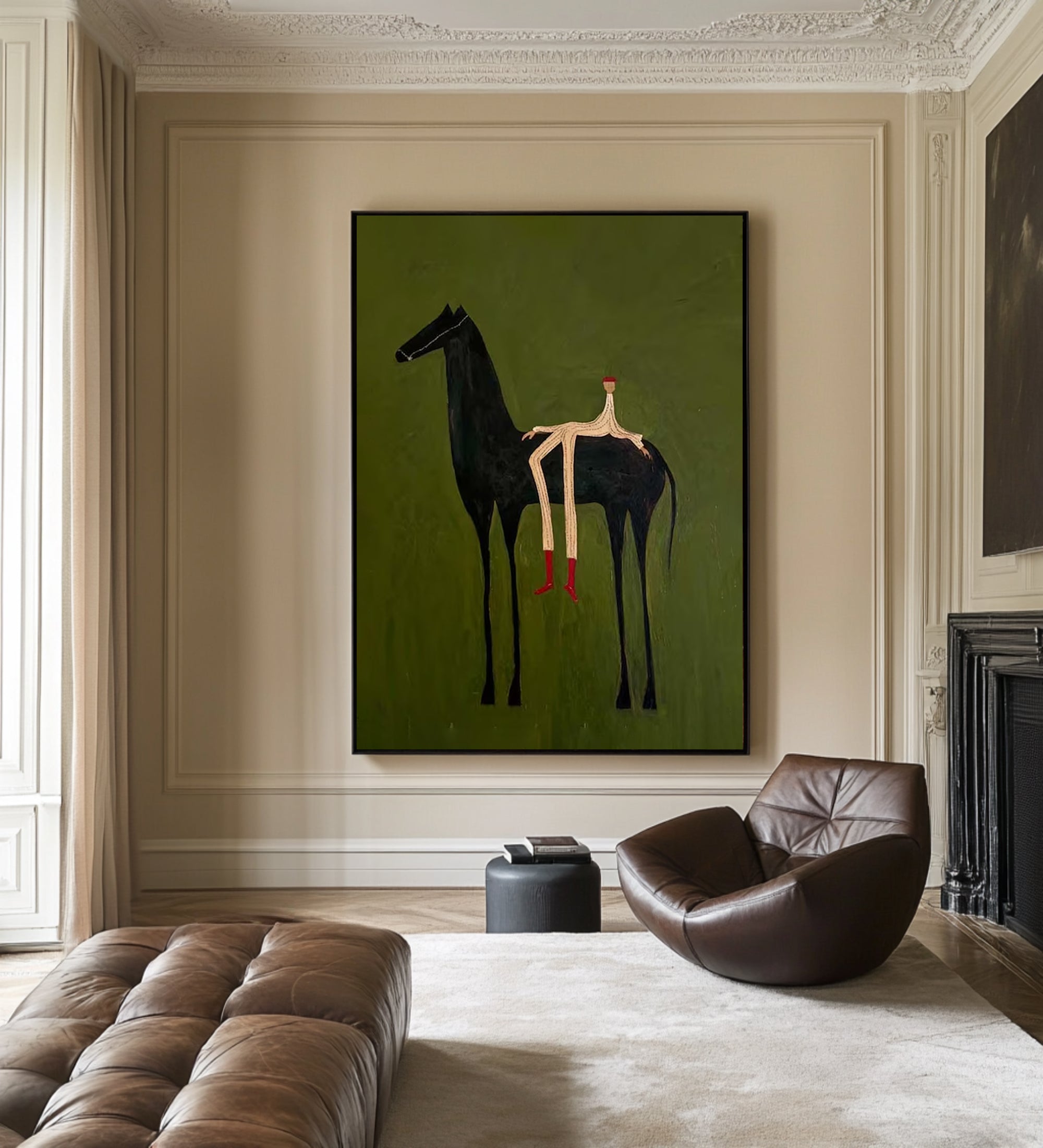 Large Abstract Horse Painting Green Minimalist Figurative Wall Art