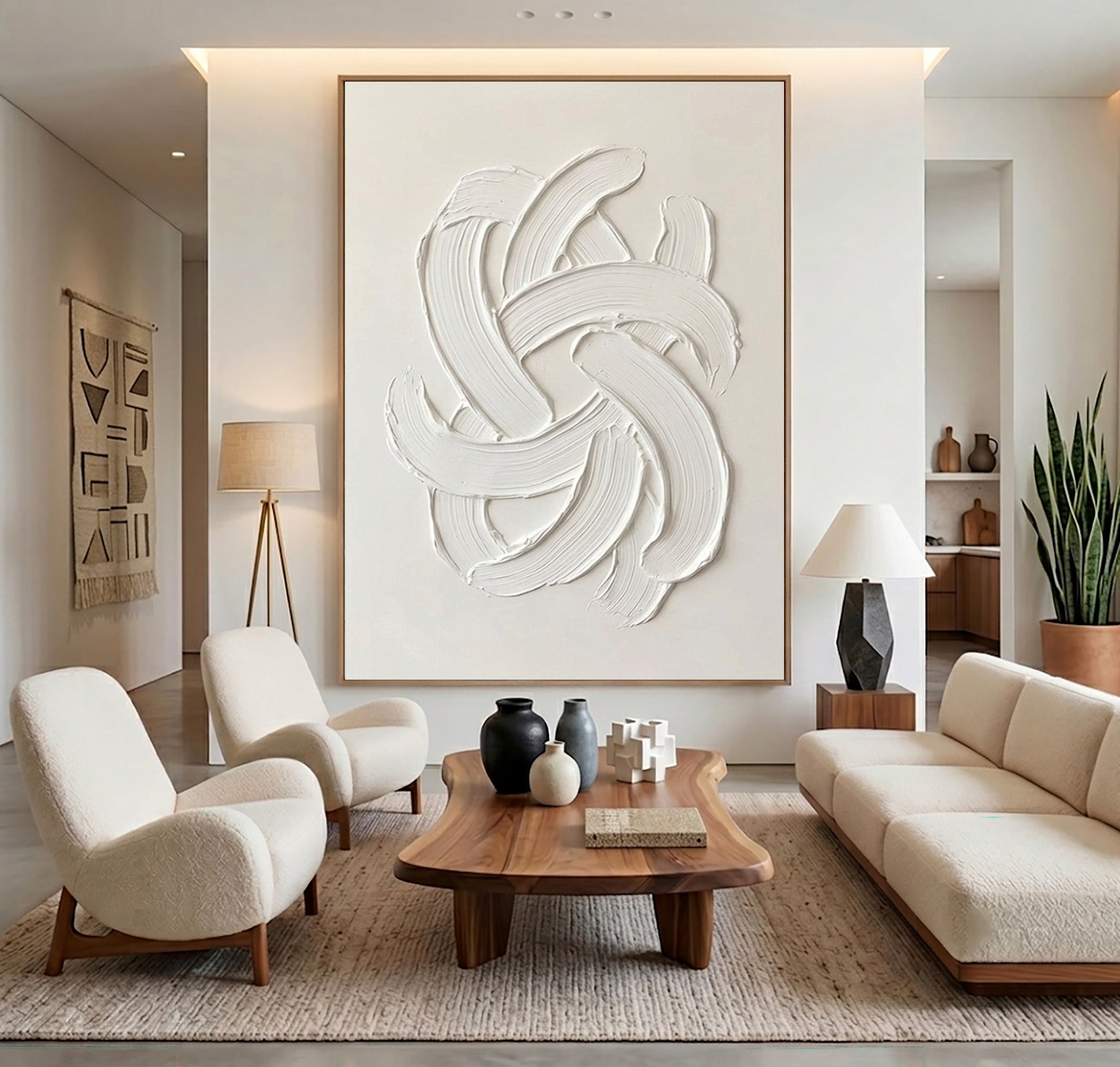Large Modern White Abstract Wall Art Textured Oil Painting 3D Sculptural Relief Minimalist Contemporary Interior Artwork
