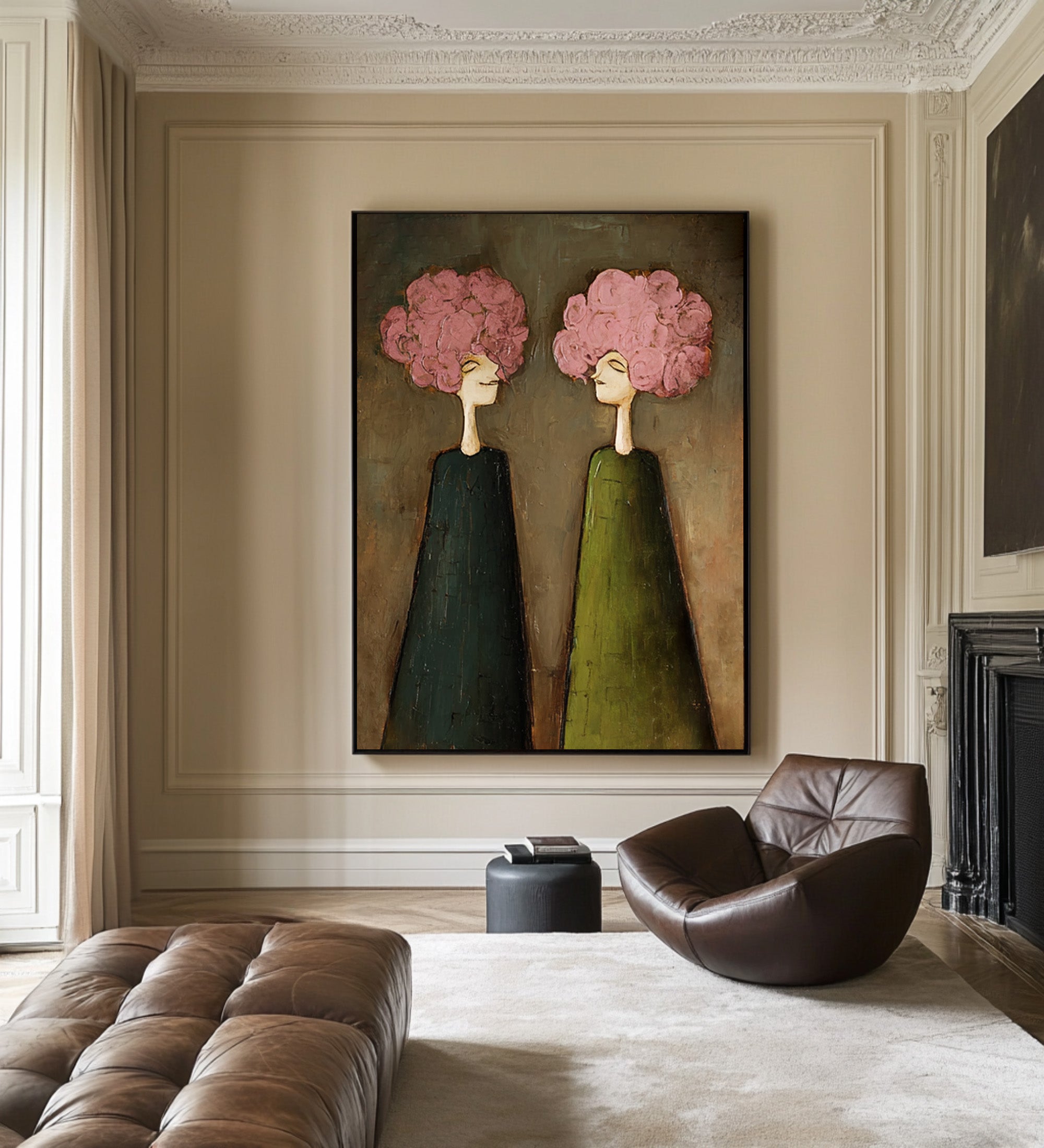 Large Pink Floral Portrait Oil Painting on Canvas – Modern Green Dress Wall Art #WAC 041