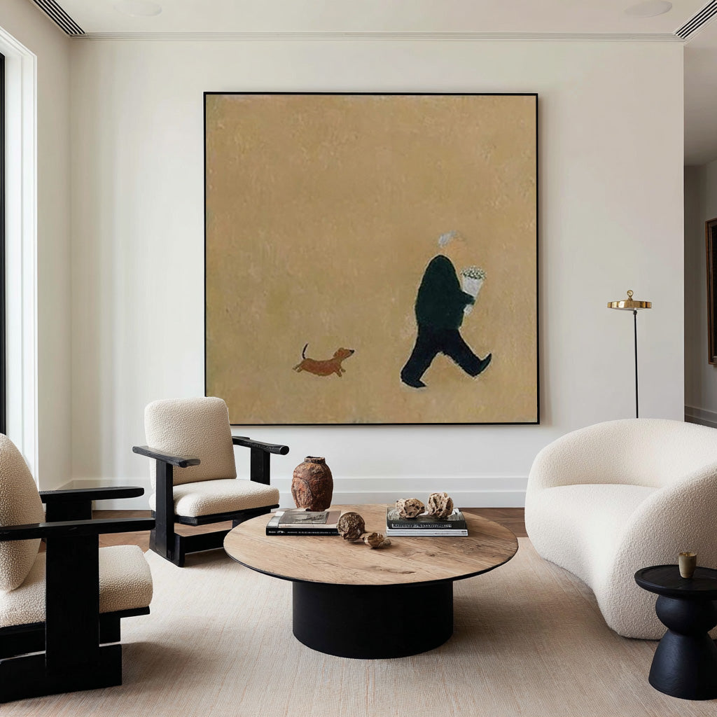 Large Minimalist Figure and Dog Abstract Oil Painting, Warm Modern Wall Art for Home Decor #WAC 015