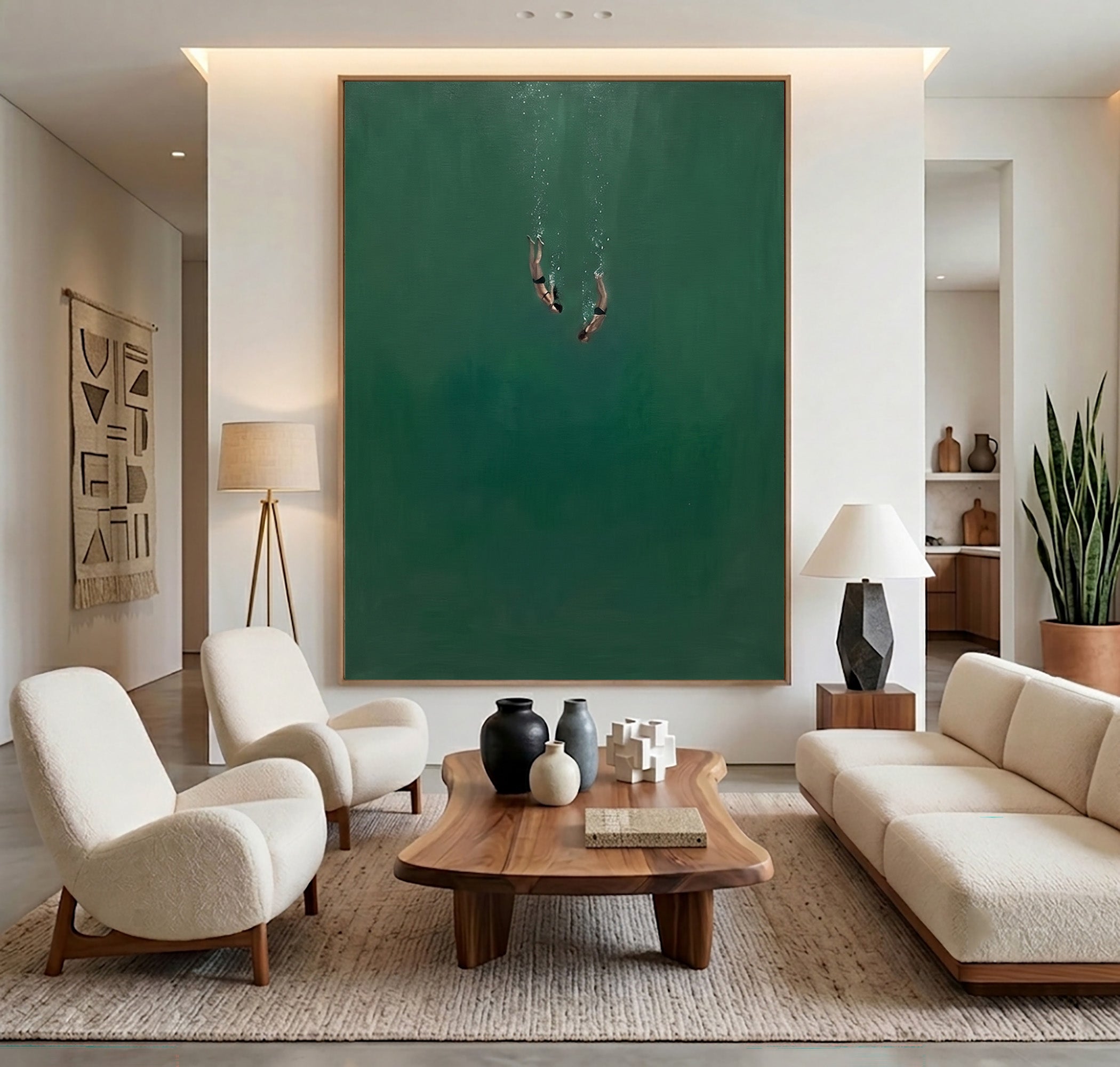 Large Minimalist Underwater Diver Wall Art Contemporary Ocean Painting