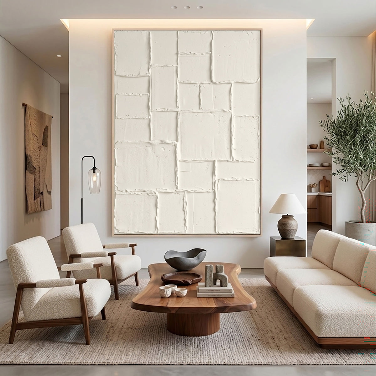 Large Neutral Geometric Patchwork Relief Wall Art Ivory Cream Abstract Oil Painting Raised Rectangular Blocks Textured Sculptural Artwork Modern Minimalist Luxury Home Decor