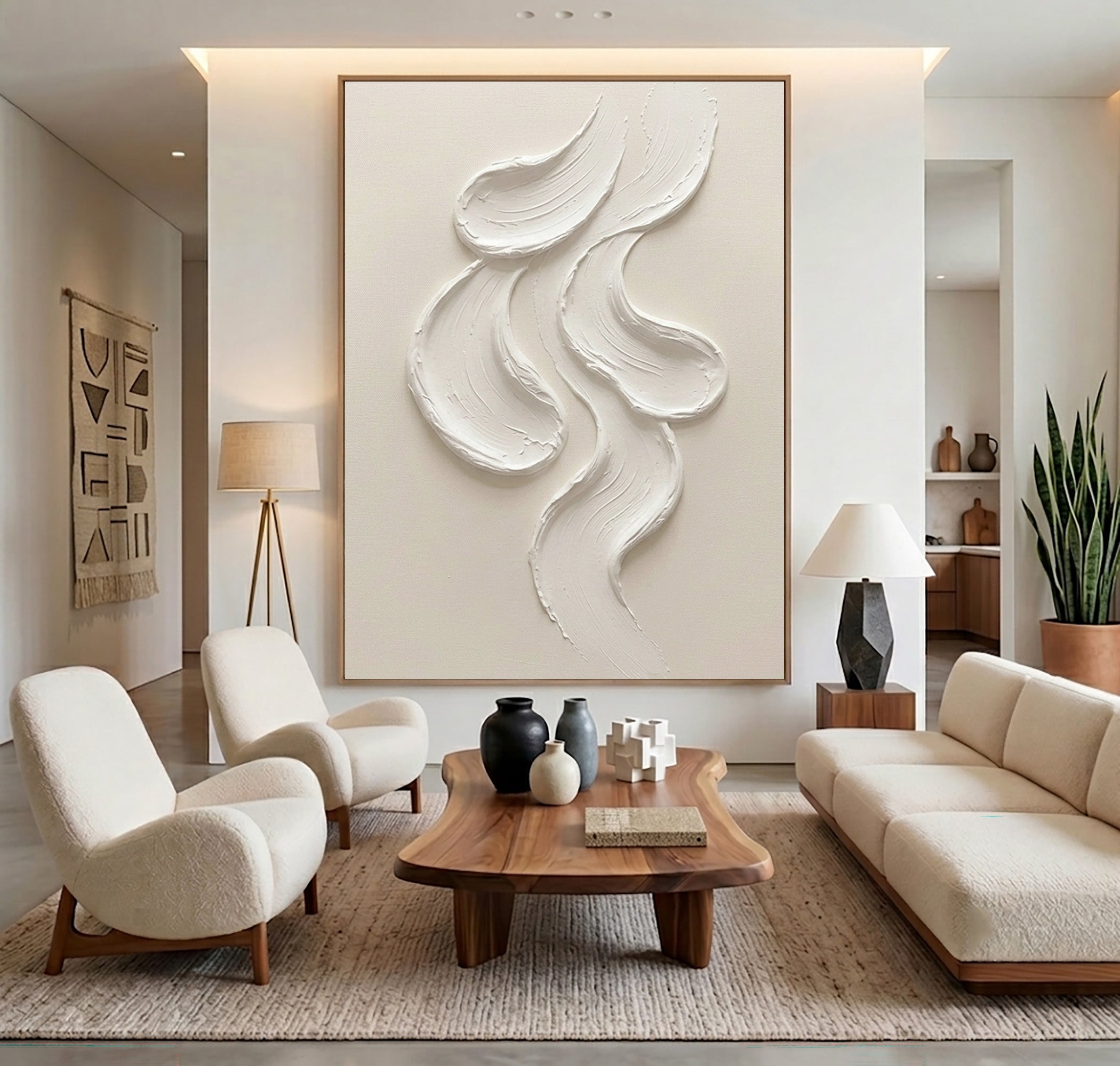 Large Abstract White Wall Art Textured Oil Painting Minimalist Sculptural Artwork Modern Neutral Contemporary Interior Decor