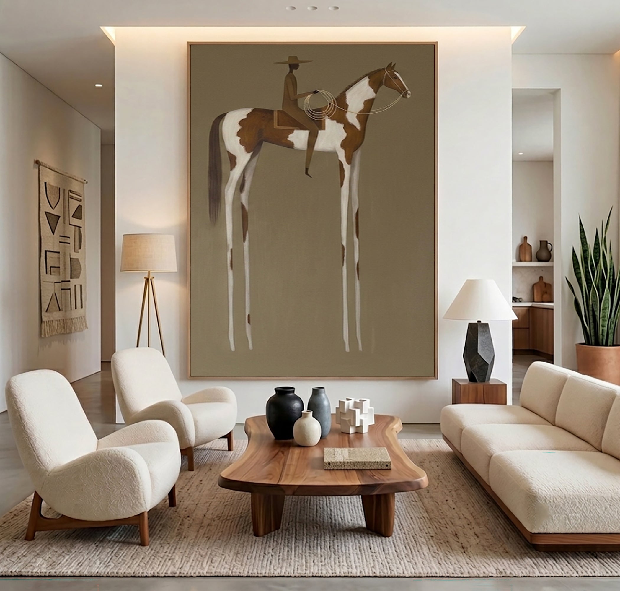 Large Vintage Americana Wall Art Abstract Woman Portrait Cowboy Cowgirl Inspired Oil Painting Western Style Contemporary Home Decor