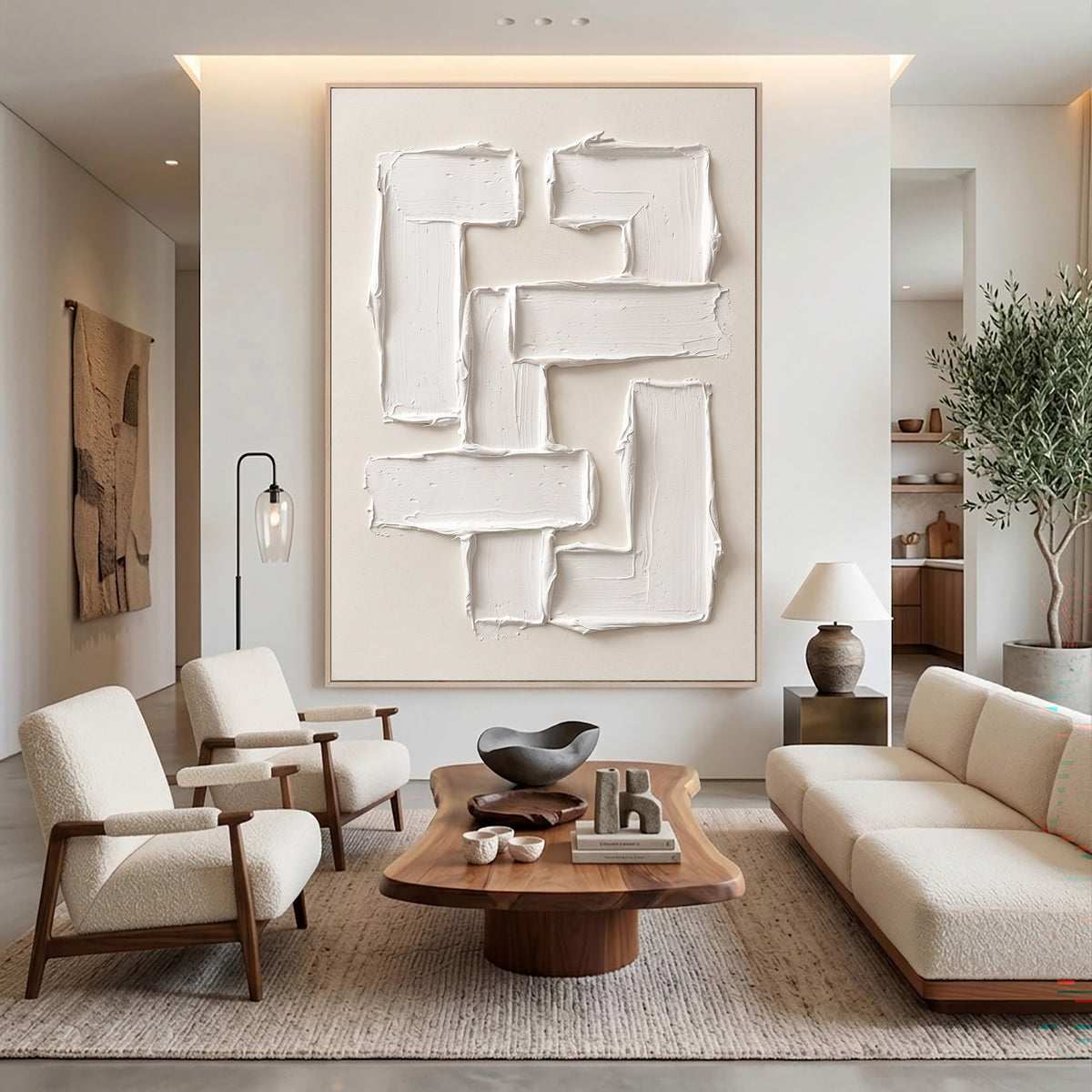 Large Luxury Sculptural Geometric Statement Wall Art Ivory Abstract Textured Oil Painting 3D Impasto Relief Contemporary Home Decor