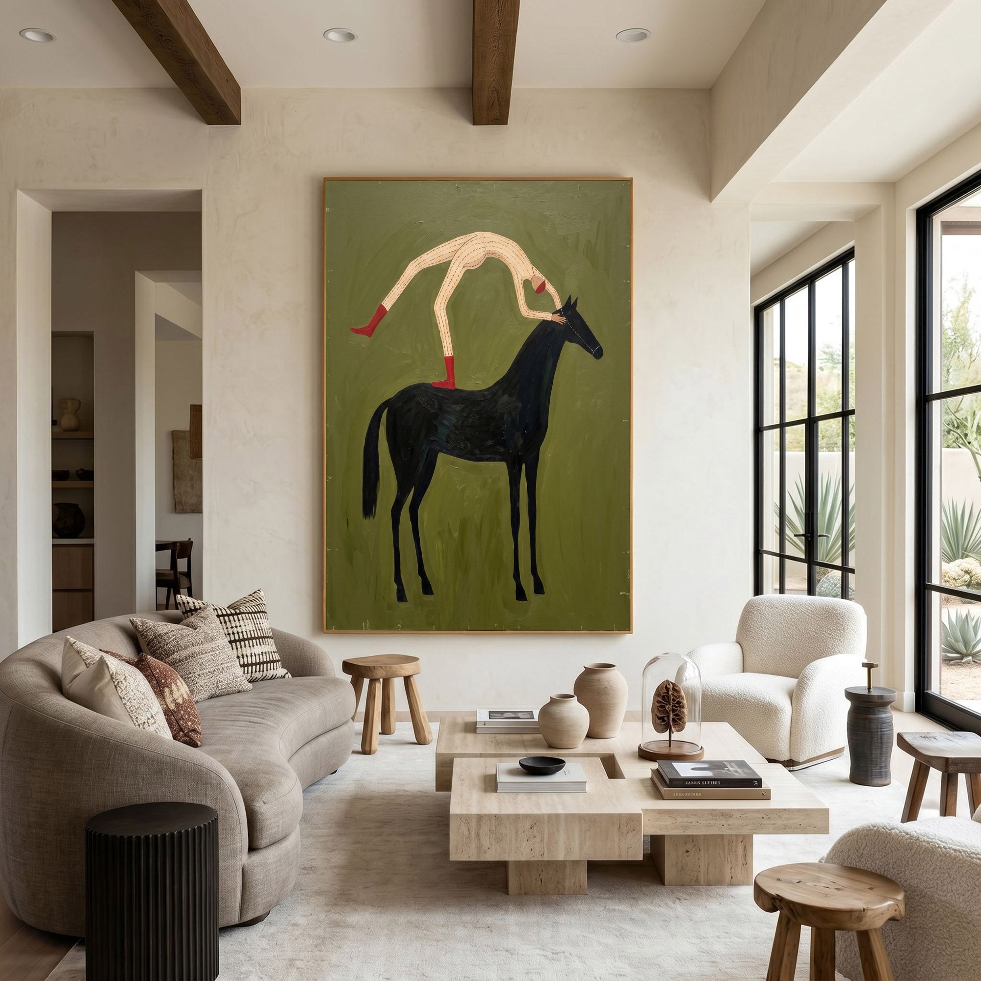 Large Cowboy Horse Wall Art Minimalist Western Oil Painting Luxury Ranch Artwork