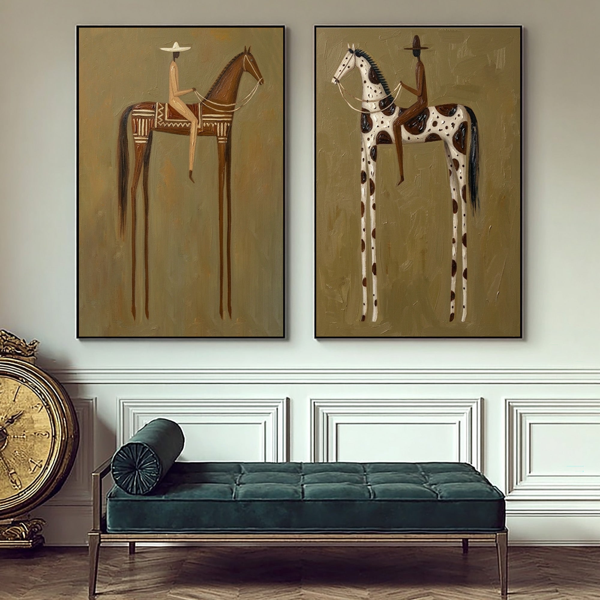 Large Contemporary Cowboy Horse Wall Art Minimalist Western Canvas Diptych
