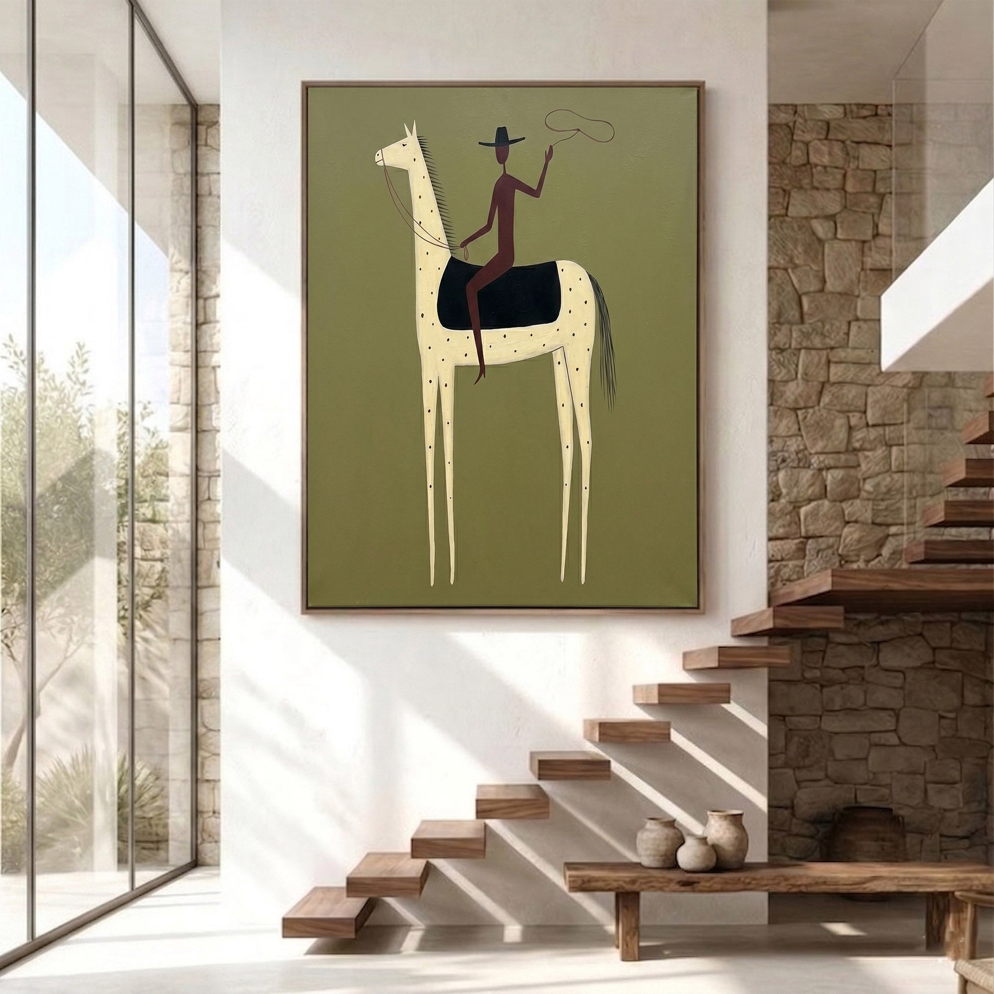 Large Cowboy Horse Wall Art Minimalist Western Painting Artwork