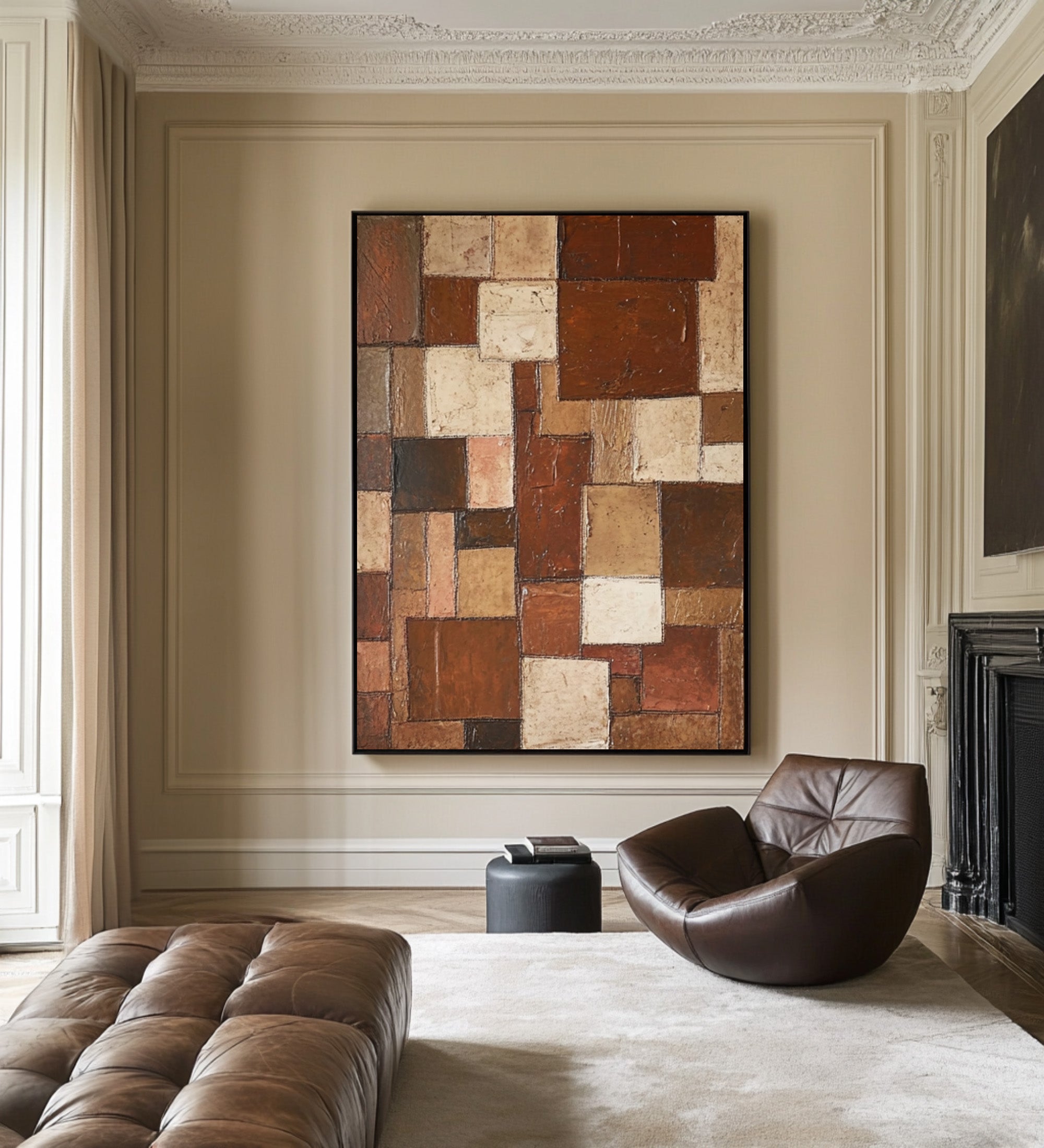 Large Geometric Abstract Oil Painting in Earth Tones, Vertical Contemporary Wall Art for Entryway #WAC 003
