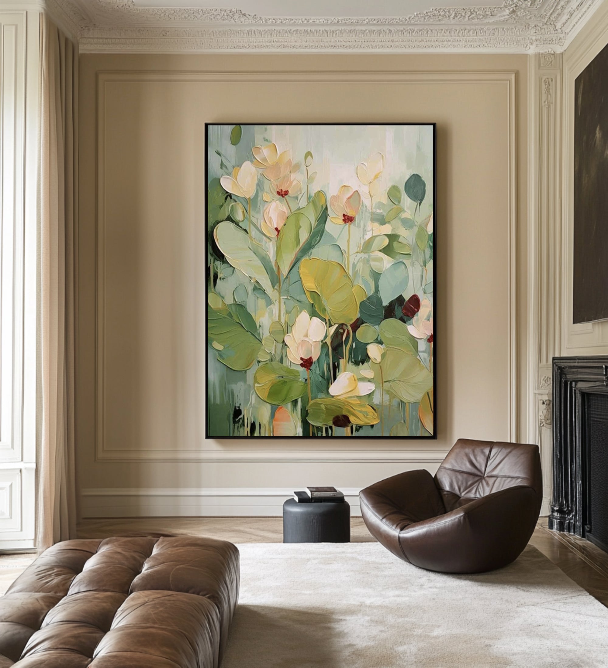 Large Botanical Floral Painting Green Neutral Wall Art