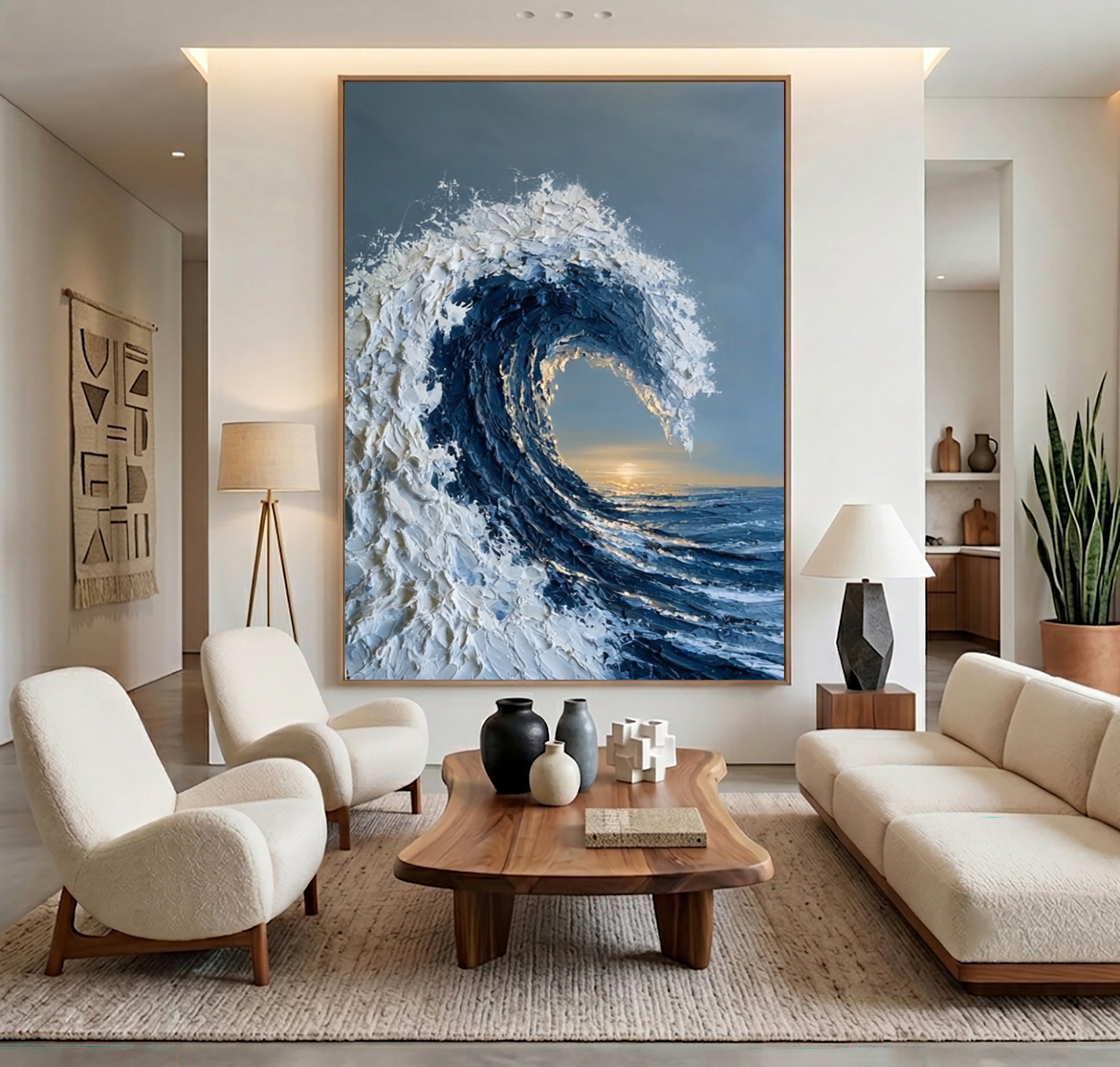 Large Ocean Wave Wall Art Textured Oil Painting Coastal Seascape Golden Horizon Blue Sea Abstract Artwork Modern Luxury Decor