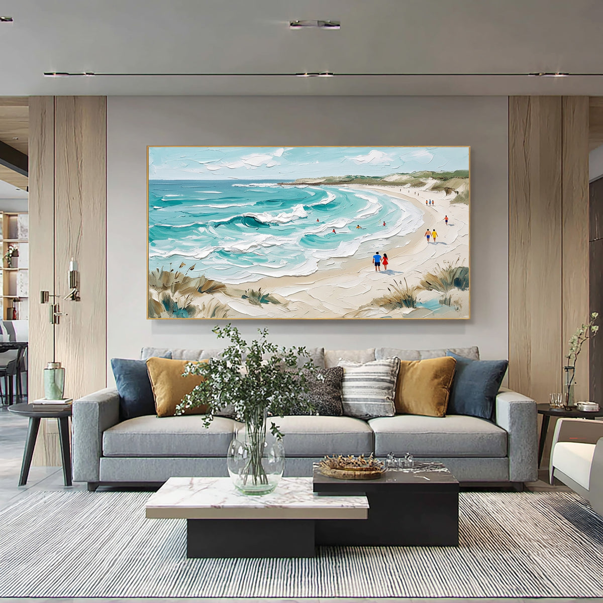 Large Textured Beach Painting Turquoise Ocean Waves Coastal Wall Art