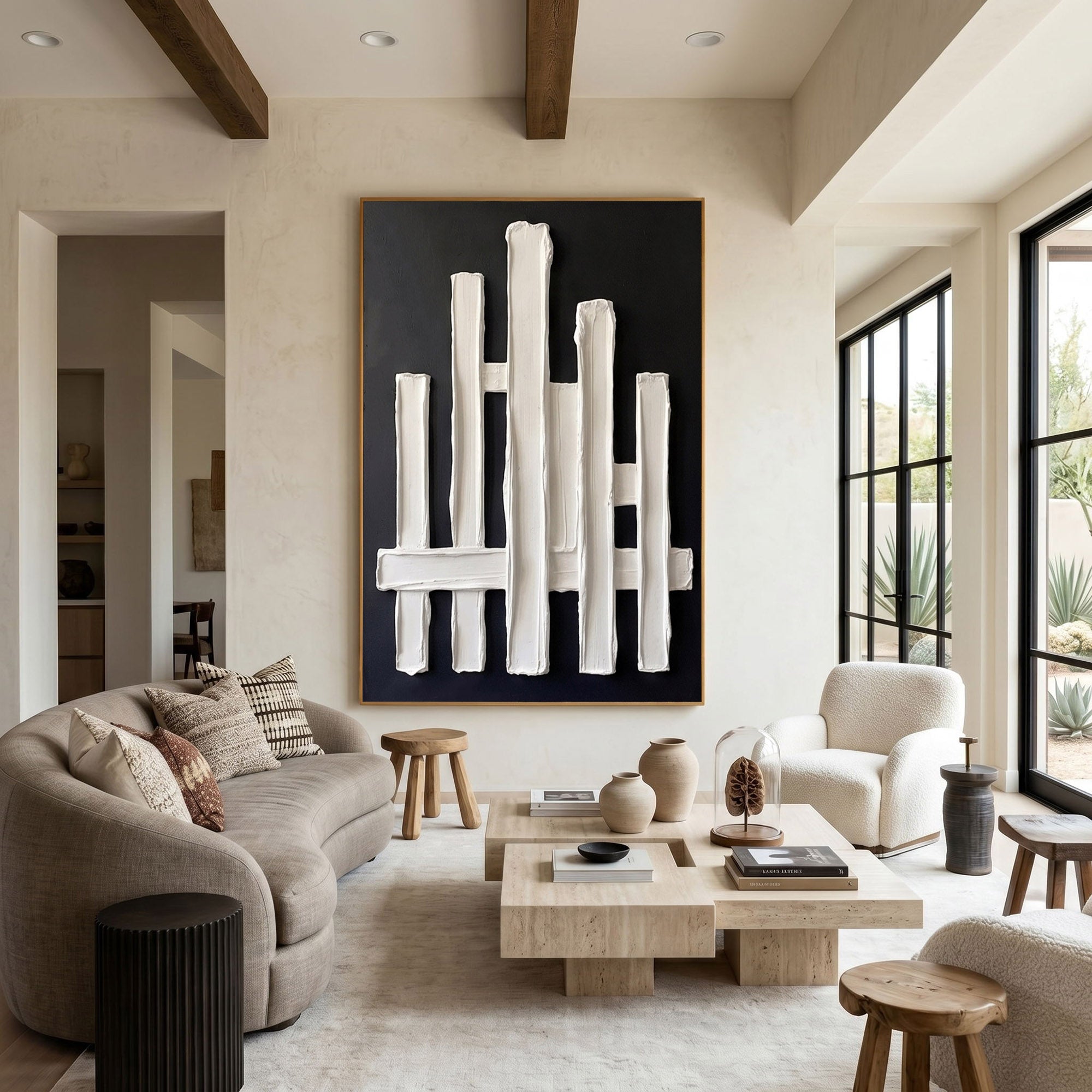 Large Ivory Plaster Wall Art 3D Textured Abstract Relief Painting Modern Minimalist Home Decor