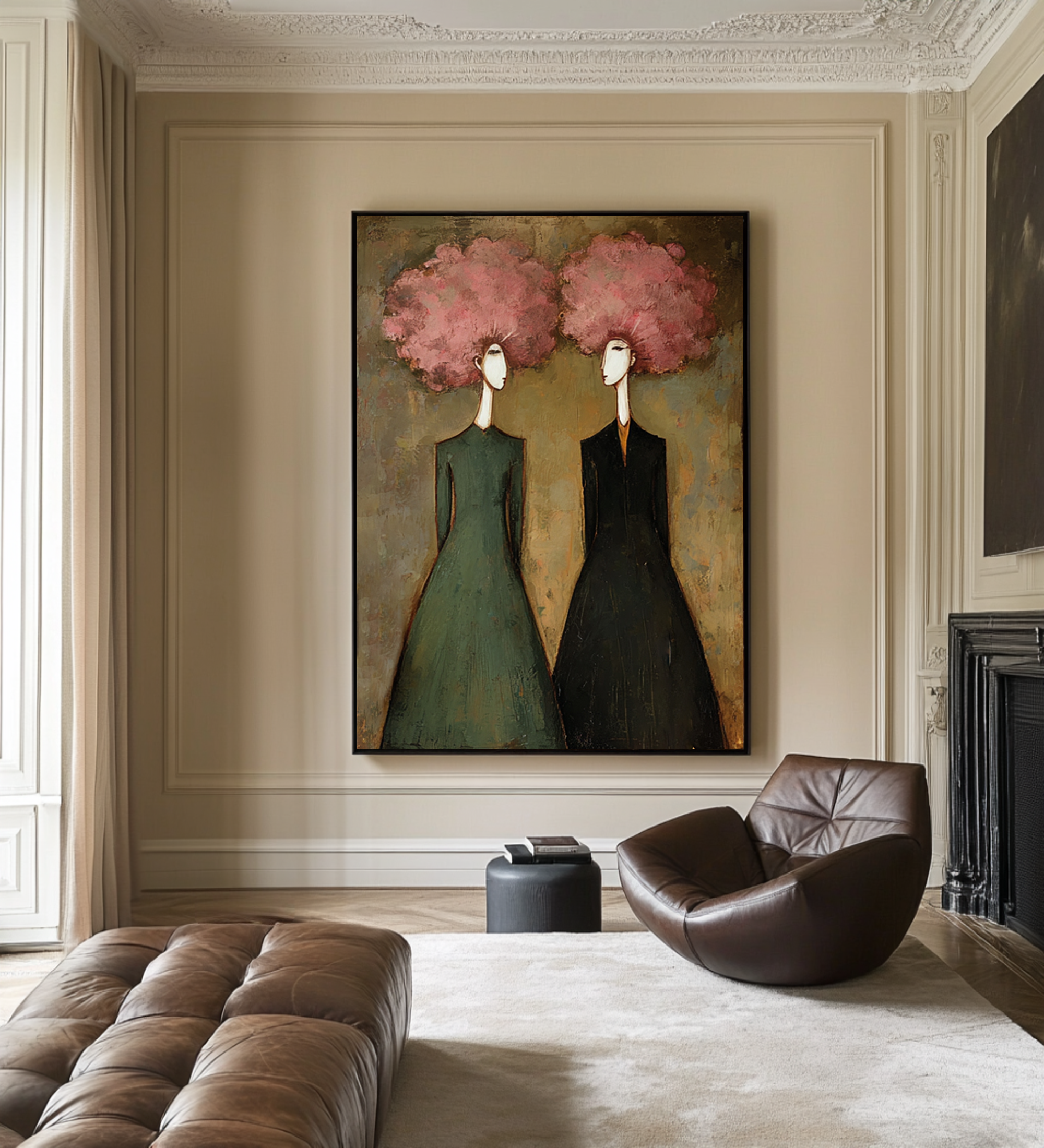 Large Abstract Pink Portrait Oil Painting – Green and Black Modern Wall Art Decor #WAC 044