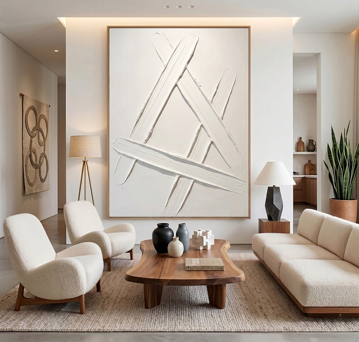 Intersecting Lines Minimalist Textured Abstract Artwork Handmade White Contemporary Geometric Wall Painting