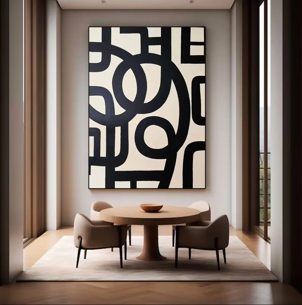 Large Modern Abstract Oil Painting, Black and White Geometric Wall Art for Living Room #WAC 031