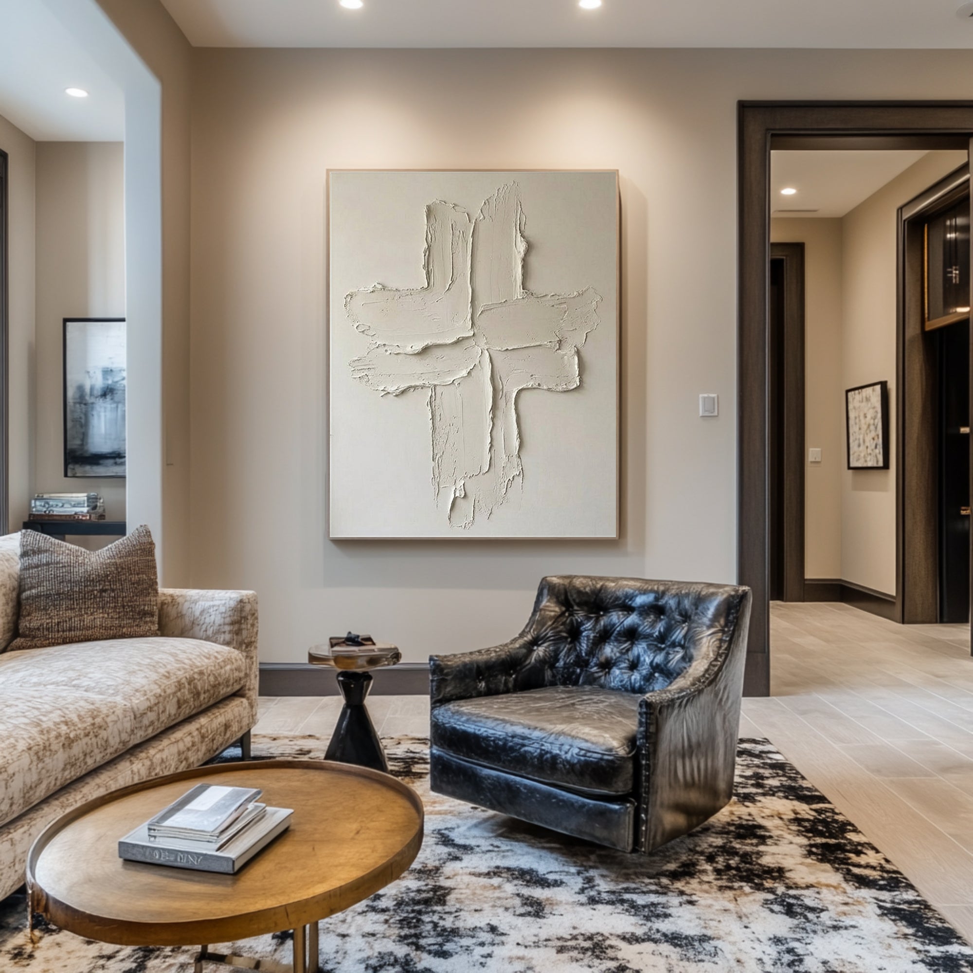 Large Minimalist Oil Painting with Raw Textured Cross Composition