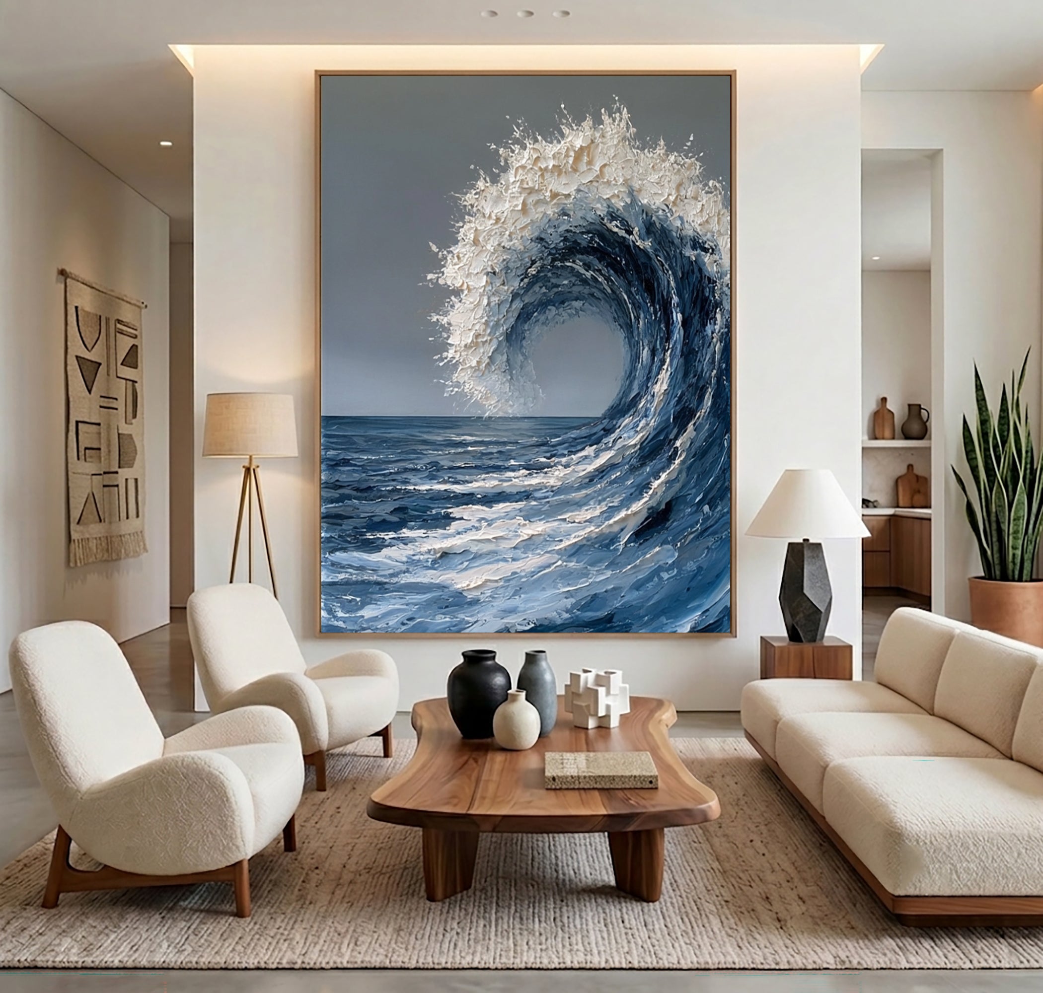 Large Ocean Wave Wall Art Textured Oil Painting Abstract Sea Wave Artwork Coastal Blue Ocean Decor Modern Luxury Interior Design