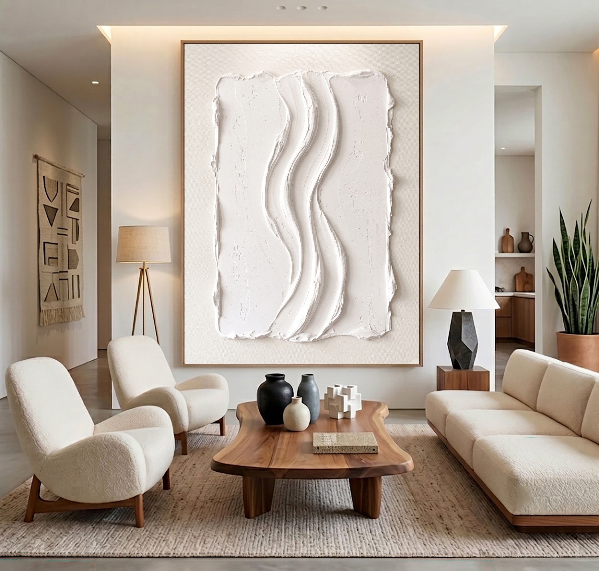 Large White Textured Wall Art Abstract Oil Painting Vertical Flow Sculpture Minimalist Modern Contemporary Interior Decor