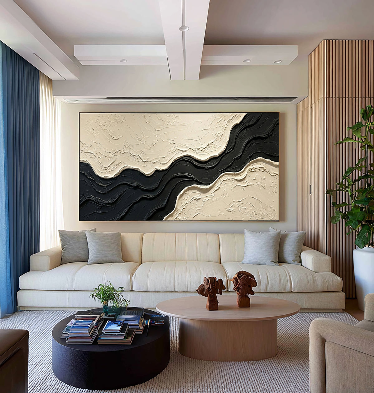 Large Architectural Textured Abstract Wall Art Black Ivory Oil Painting Contemporary Minimalist Artwork Luxury Interior Decor