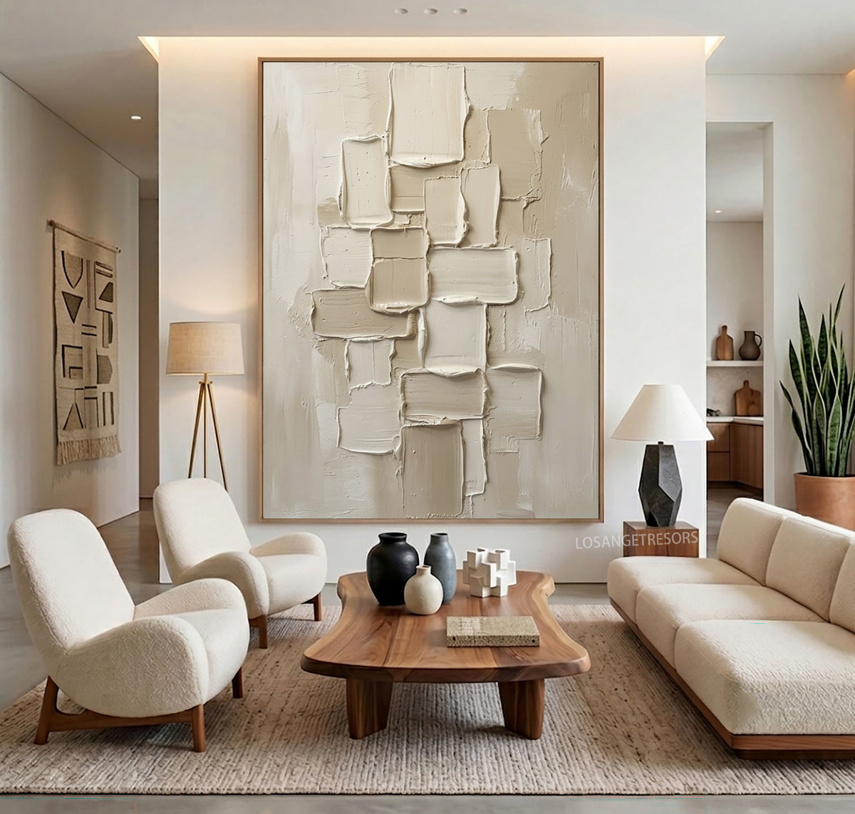 Large Organic Modern Sculptural Wall Art Ivory Cream Geometric Textured Abstract Painting Neutral Home Decor