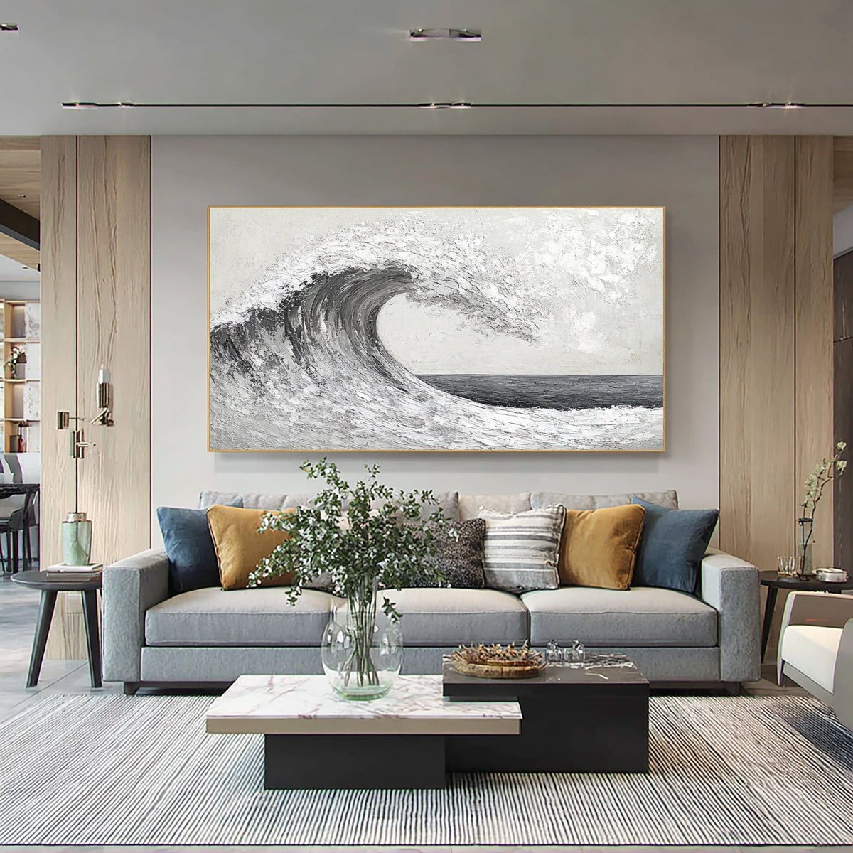 Black White Ocean Wave Textured Oil Painting Large Seascape Wall Art Hand Painted Coastal Artwork