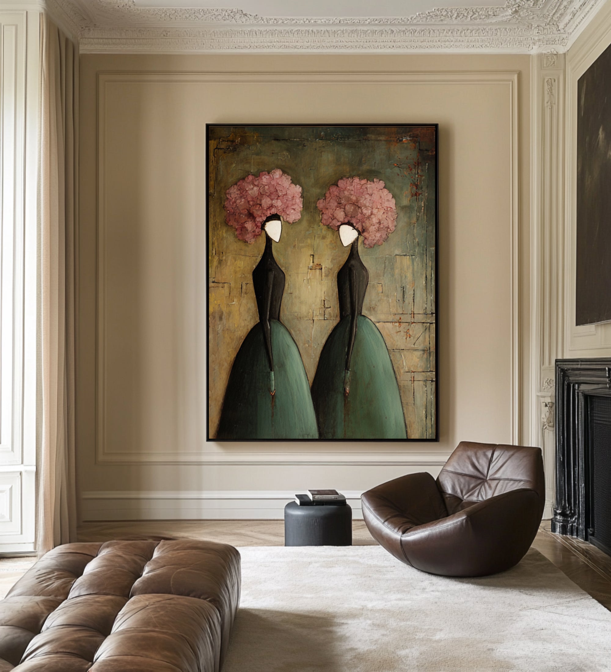 Large Elegant Figurative Wall Art Vintage Floral Portrait Painting