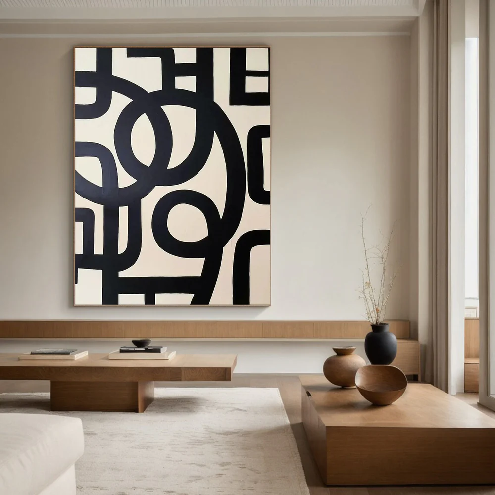 Large Modern Abstract Oil Painting, Black and White Geometric Wall Art for Living Room #WAC 031