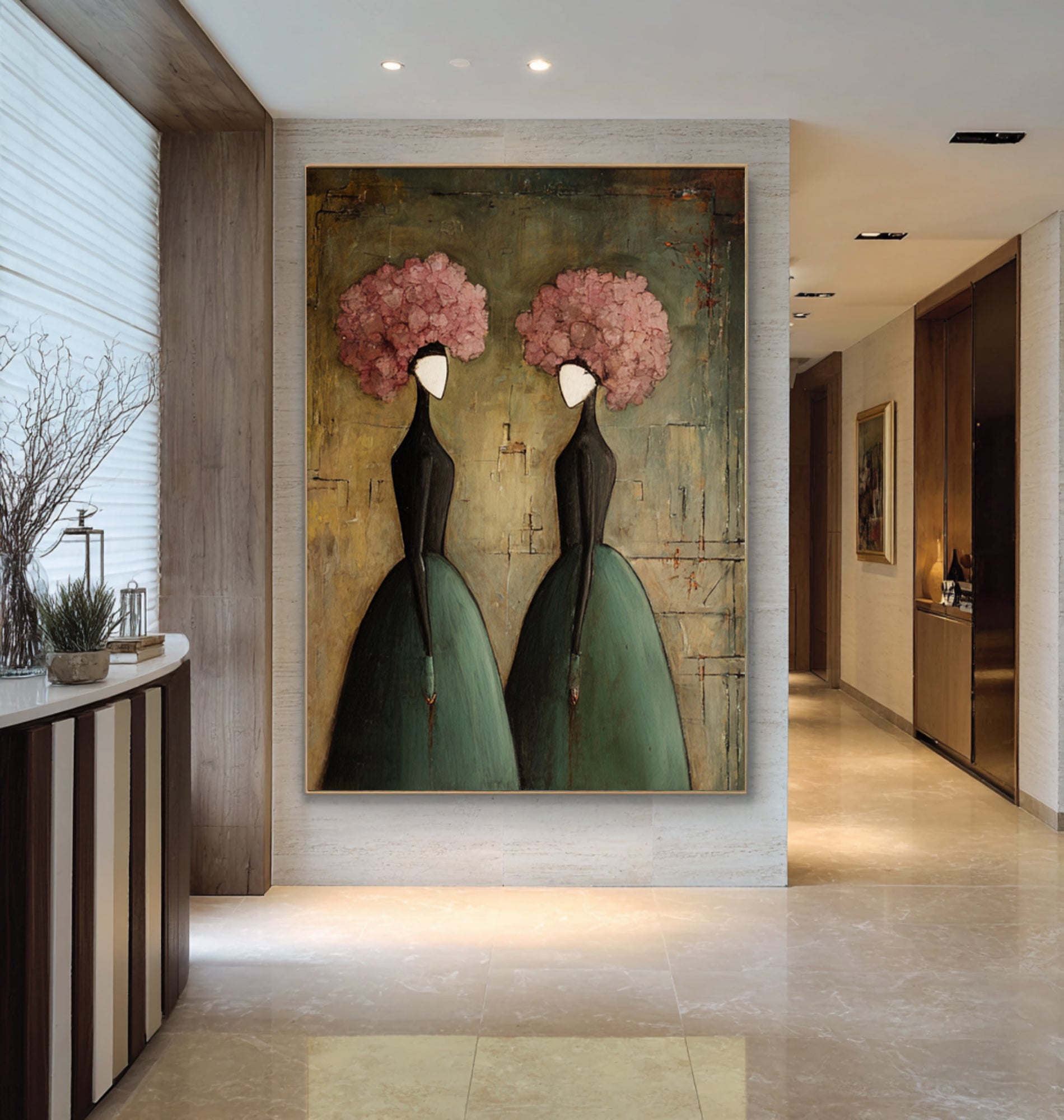 Large Elegant Figurative Wall Art Vintage Floral Portrait Painting