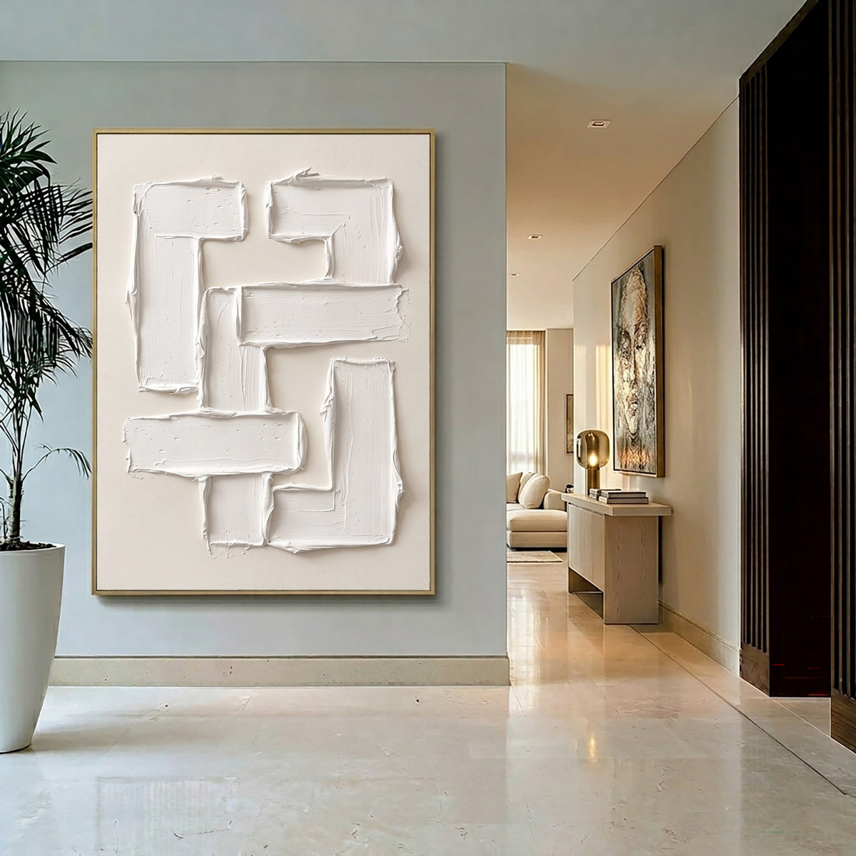 Large Luxury Sculptural Geometric Statement Wall Art Ivory Abstract Textured Oil Painting 3D Impasto Relief Contemporary Home Decor