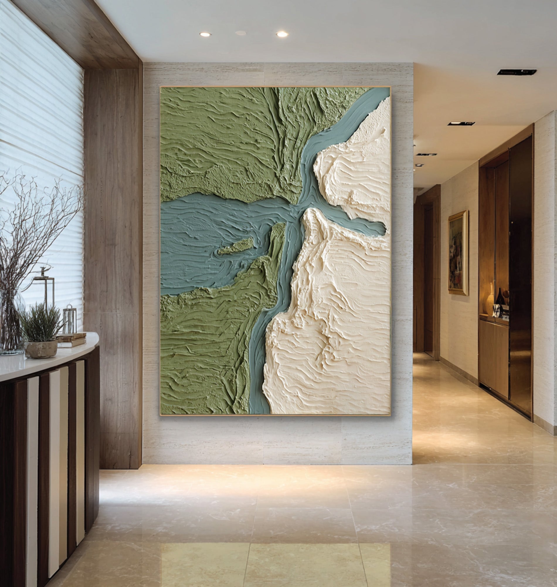 Large Modern Abstract Oil Painting, Minimal Green Landscape Textured Wall Art for Interior #WAC 029