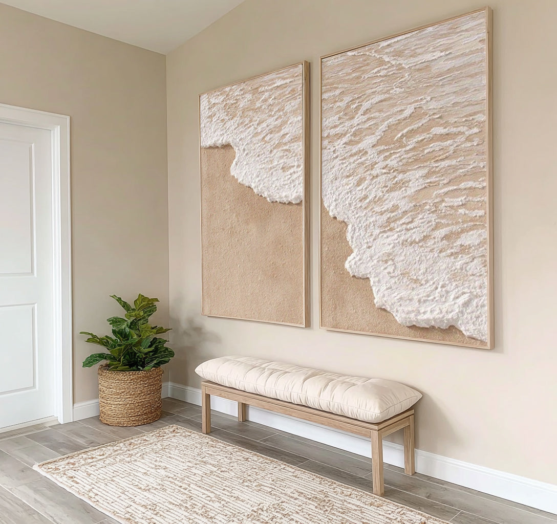 The Edge Of The Tide Large Textured Coastal Diptych White Wave Beach Wall Art Contemporary Artwork