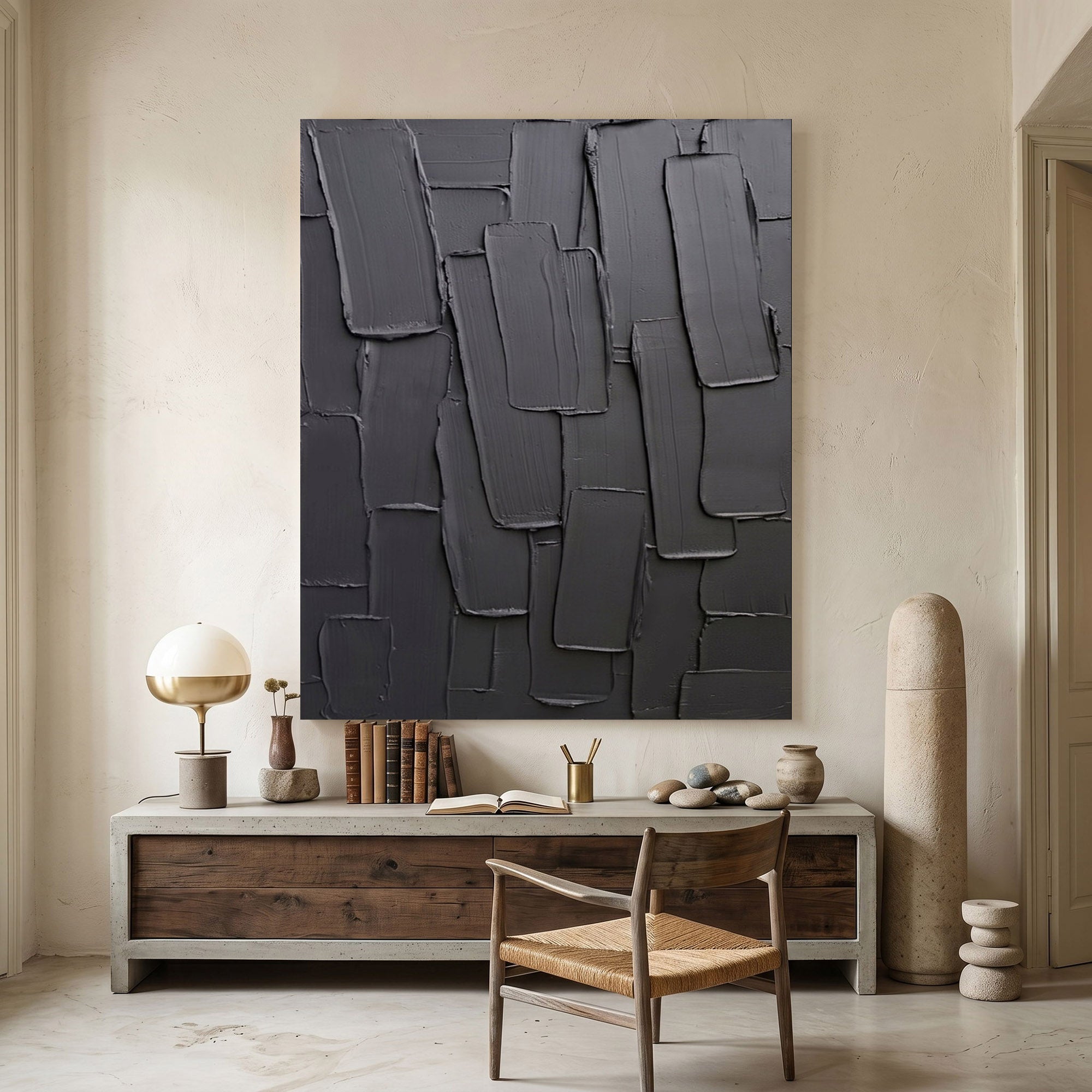 Dark Gray Textured Wall Art Abstract Plaster Relief Painting Modern 3D Impasto Minimalist Luxury Decor