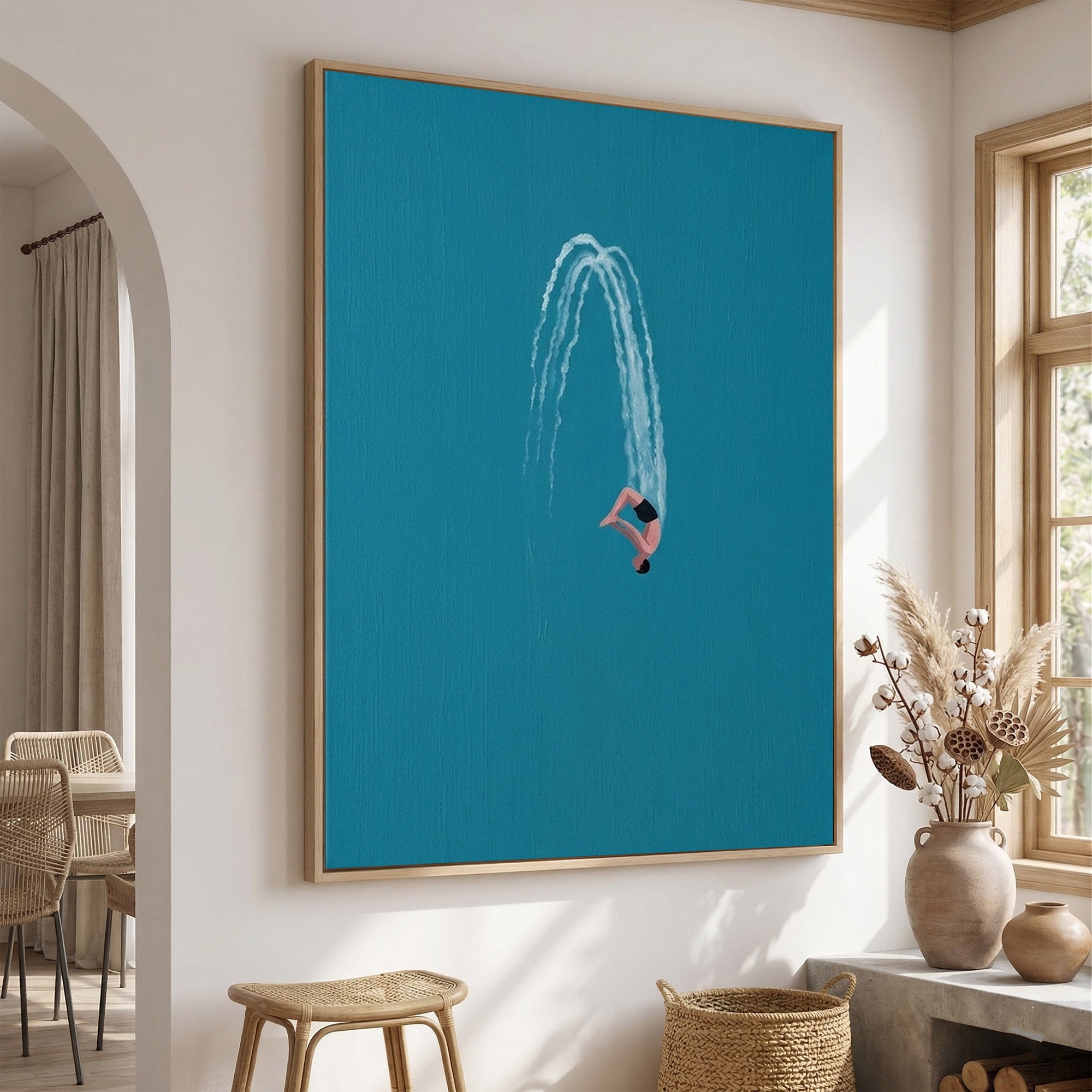 Large Swimming Wall Art Modern Diver Oil Painting Minimalist Coastal Artwork