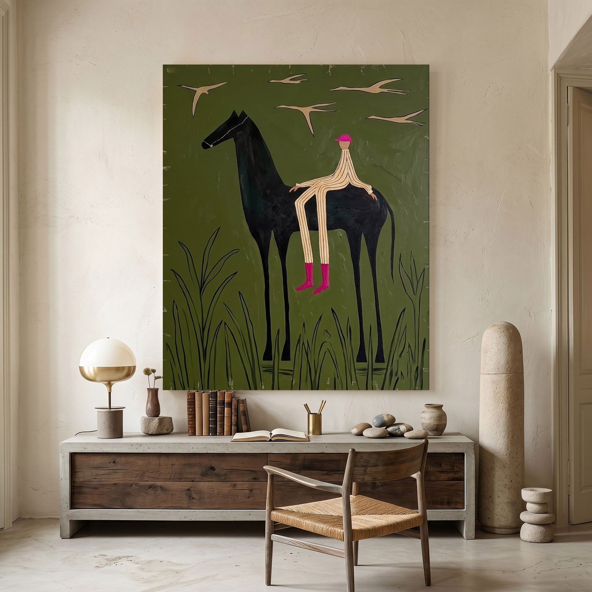 Large Cowboy Horse Wall Art Minimalist Western Oil Painting Contemporary Ranch Decor