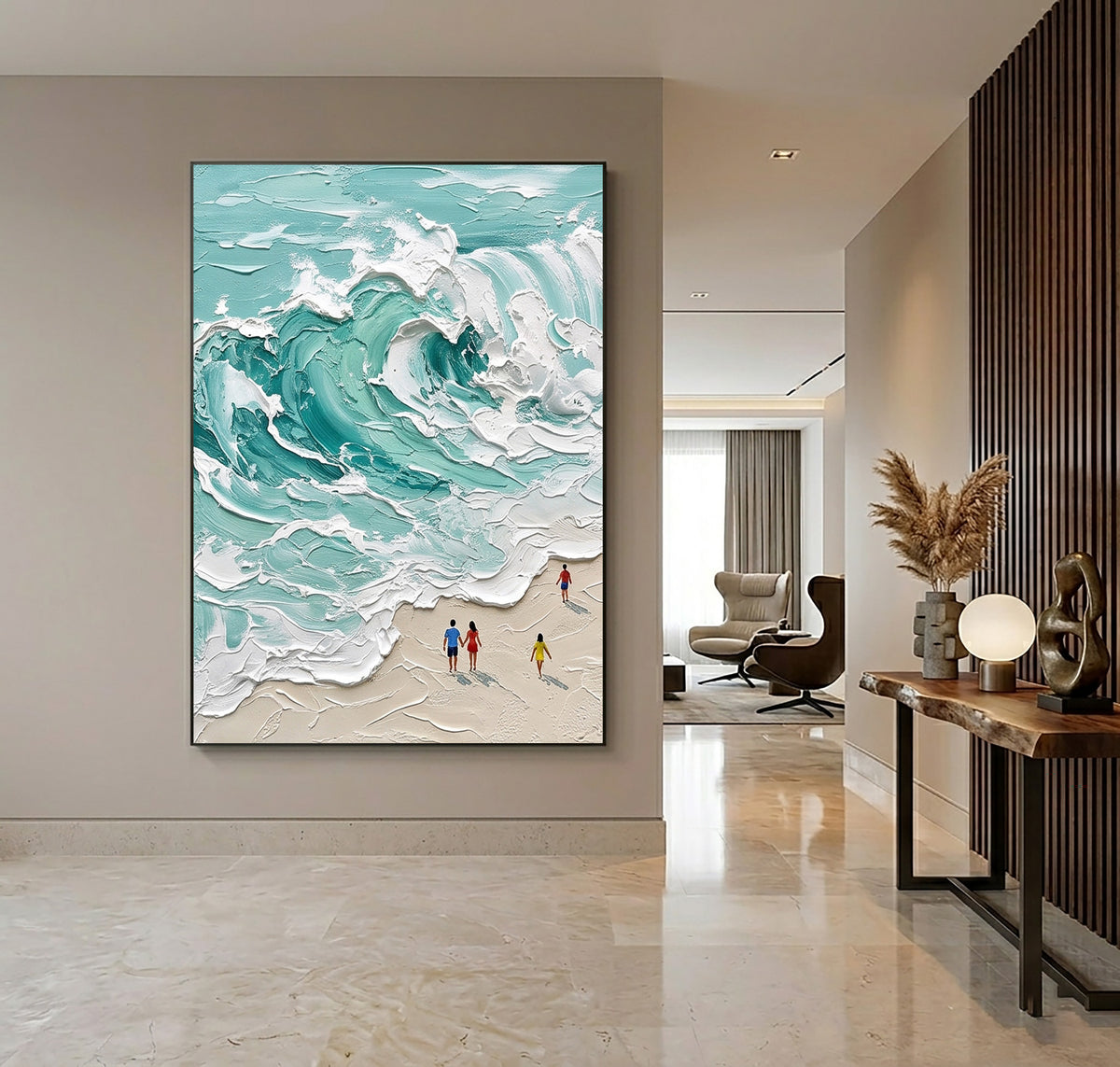 Large Turquoise Ocean Waves Textured Wall Art Coastal Seascape Oil Painting Beach Scene Artwork Modern Luxury Home Decor