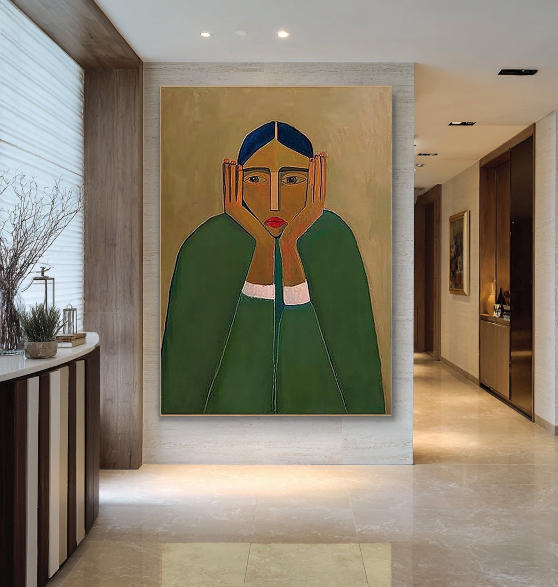 Large Abstract Portrait Oil Painting on Canvas – Green Figurative Statement Wall Art #WAC 032