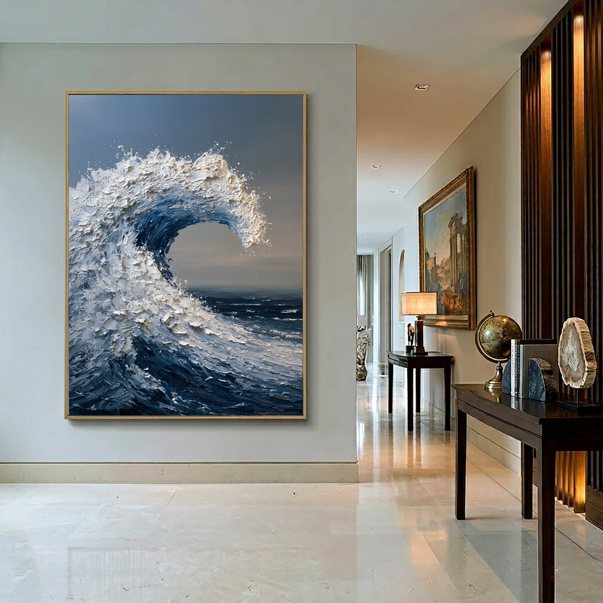 Large Coastal Ocean Wave Wall Art Textured Oil Painting Blue Sea Artwork Modern Beach House Decor Luxury Interior Design