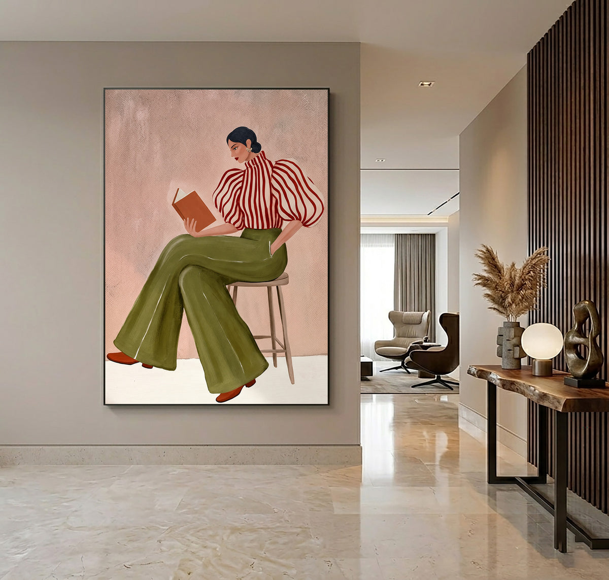 Large Textured Oil Painting Woman Reading Striped Blouse Olive Green Trousers