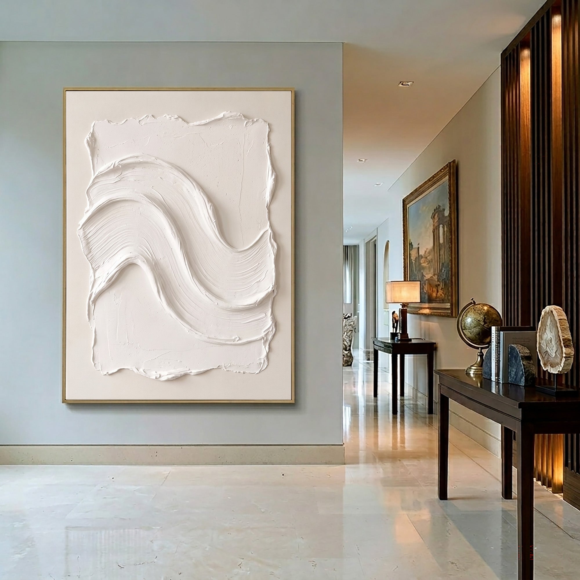 Large White Abstract Wall Art Textured Oil Painting Organic Wave Sculpture Minimalist Luxury Modern Interior Decoration