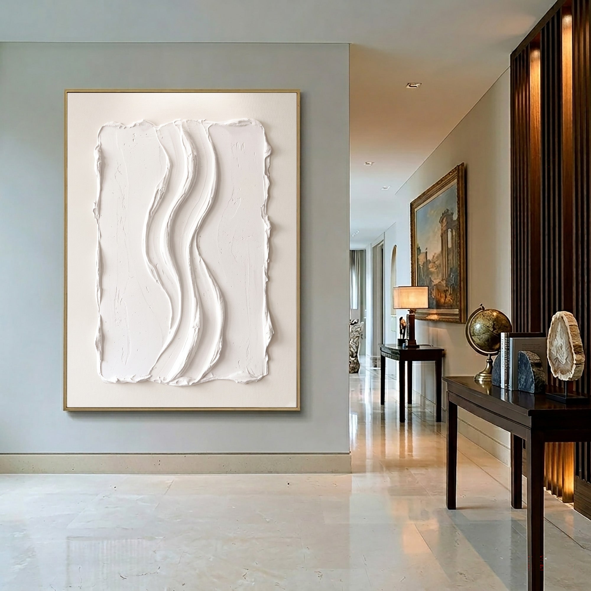 Large White Textured Wall Art Abstract Oil Painting Vertical Flow Sculpture Minimalist Modern Contemporary Interior Decor