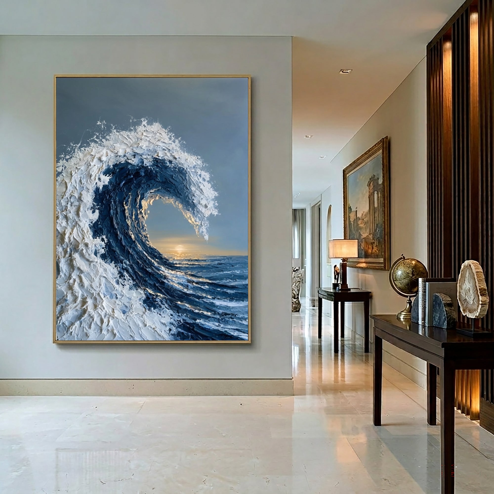 Large Ocean Wave Wall Art Textured Oil Painting Coastal Seascape Golden Horizon Blue Sea Abstract Artwork Modern Luxury Decor