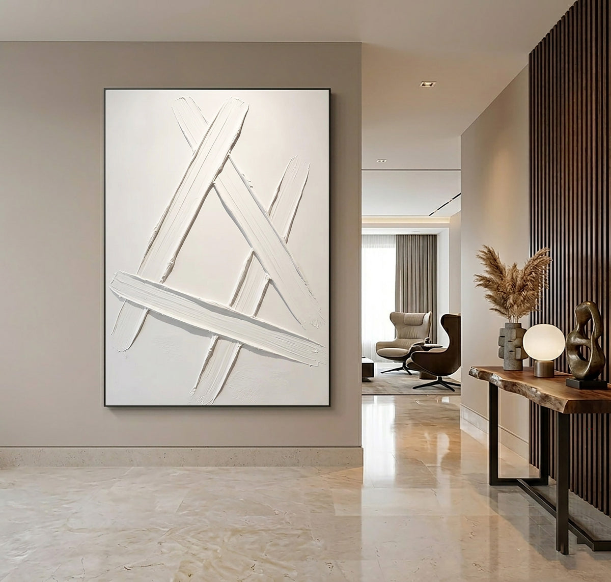 Intersecting Lines Minimalist Textured Abstract Artwork Handmade White Contemporary Geometric Wall Painting