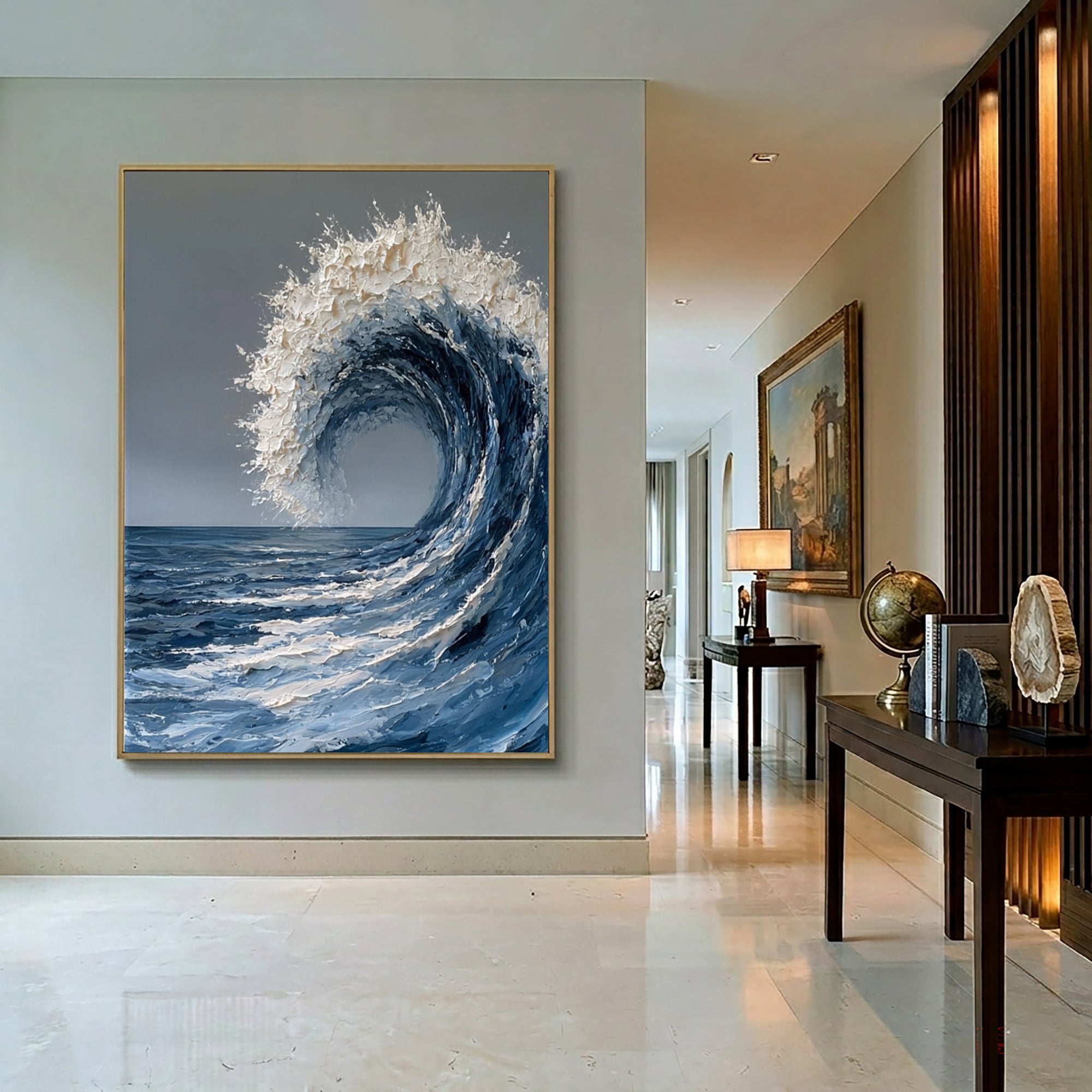 Large Ocean Wave Wall Art Textured Oil Painting Abstract Sea Wave Artwork Coastal Blue Ocean Decor Modern Luxury Interior Design