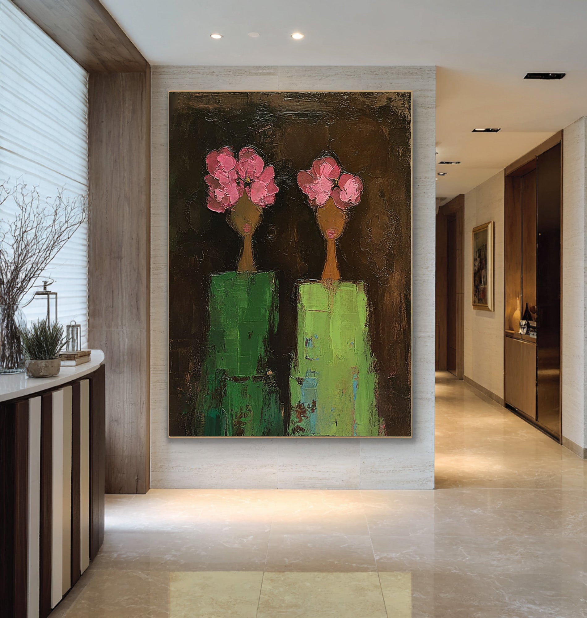 Large Modern Figurative Oil Painting on Canvas – Pink Floral Portrait Statement Wall Art #WAC 039