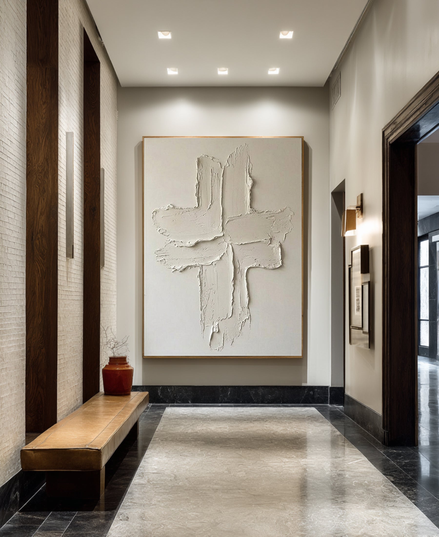 Large Minimalist Oil Painting with Raw Textured Cross Composition