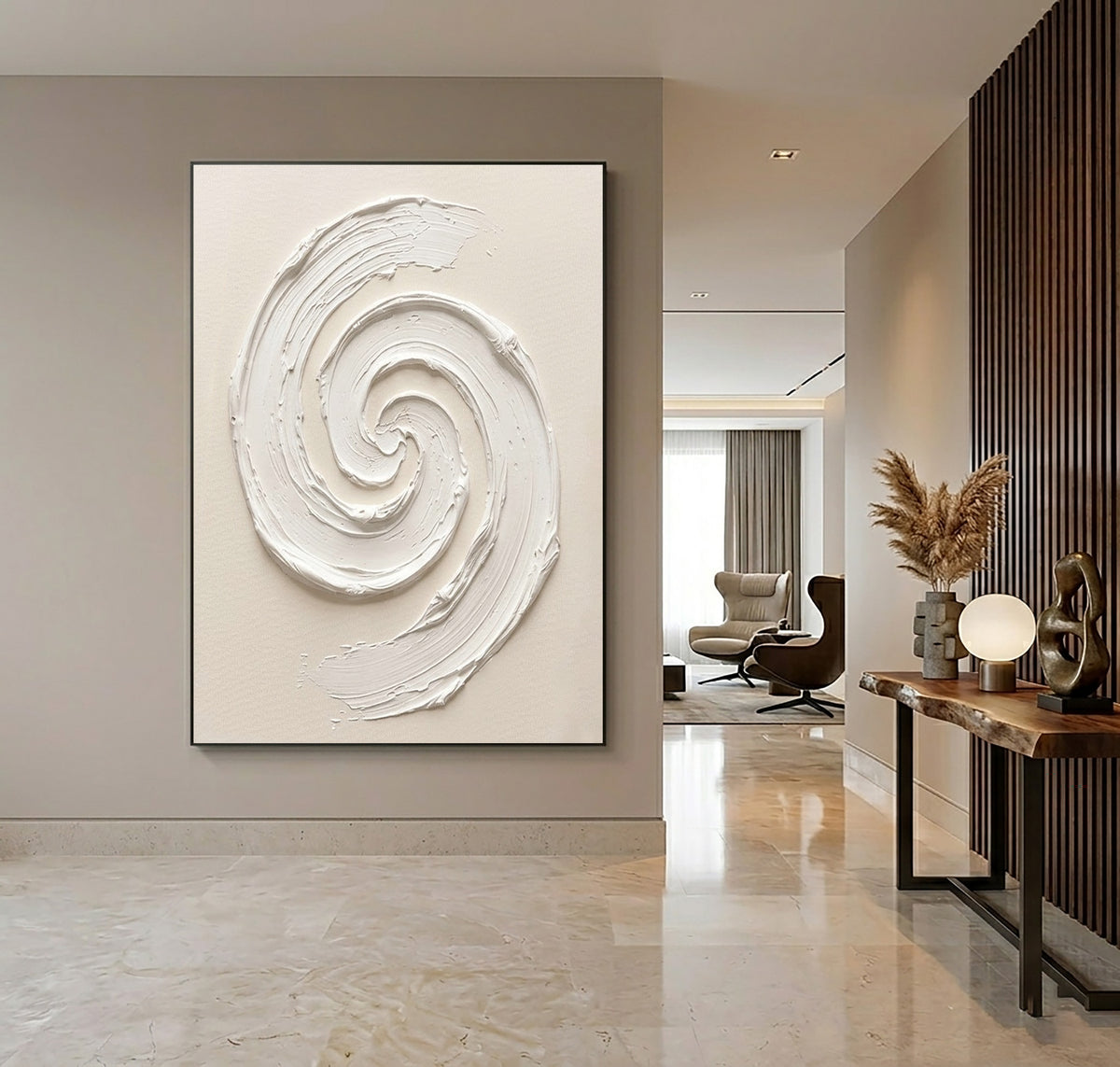 White Textured Abstract Spiral Oil Painting Large Minimalist Wall Art Handmade Impasto Artwork