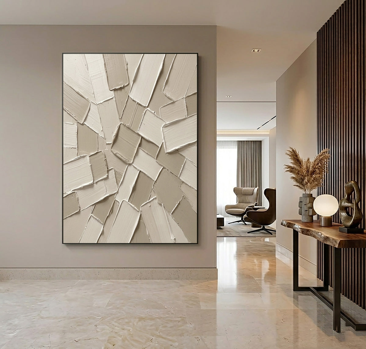 Fragments Converging Around A Quiet Core Large Textured Abstract Wall Art Neutral Sculptural Relief