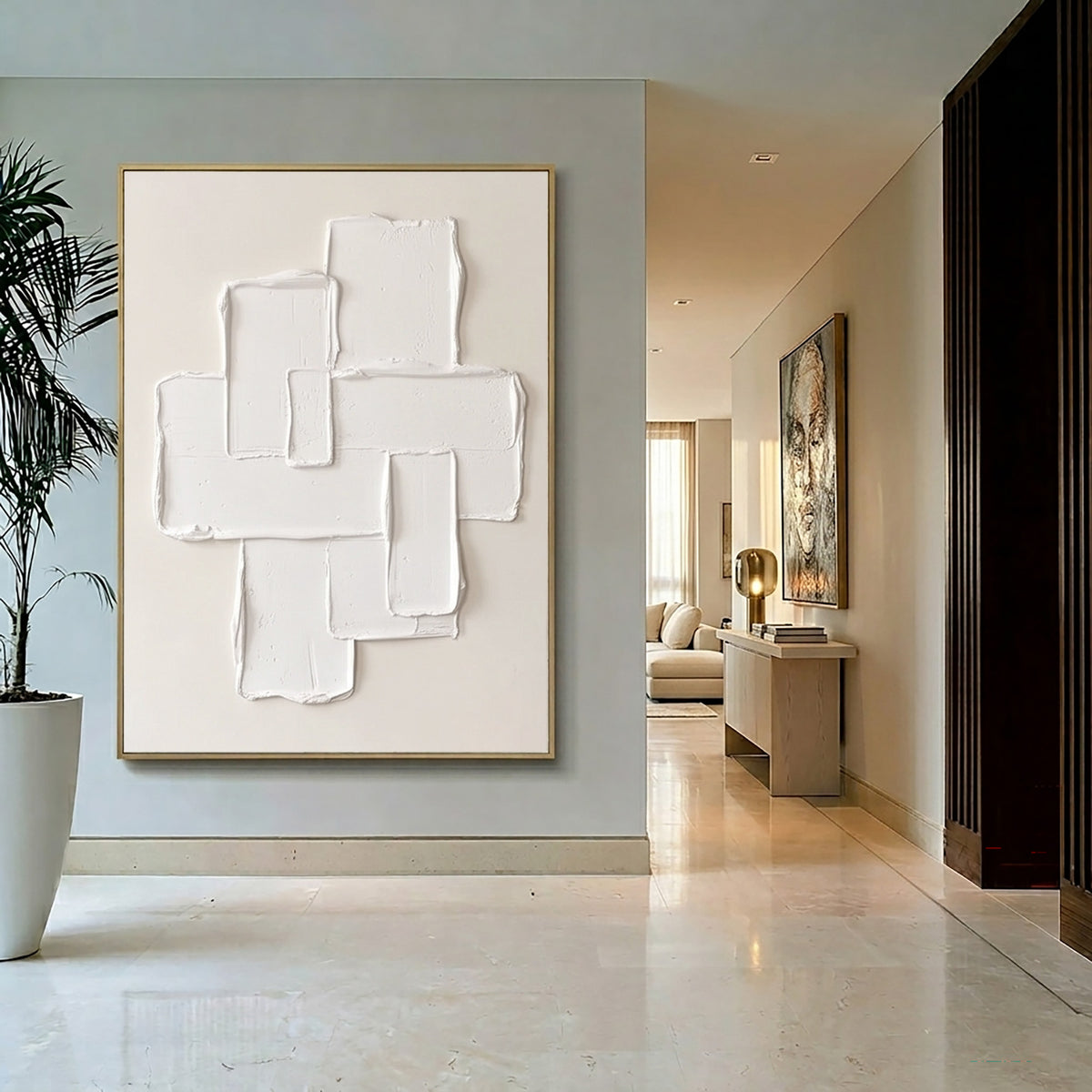 Large Minimalist Geometric Textured Relief Wall Art Ivory Cream Abstract Oil Painting Sculptural 3D Modern Luxury Home Decor