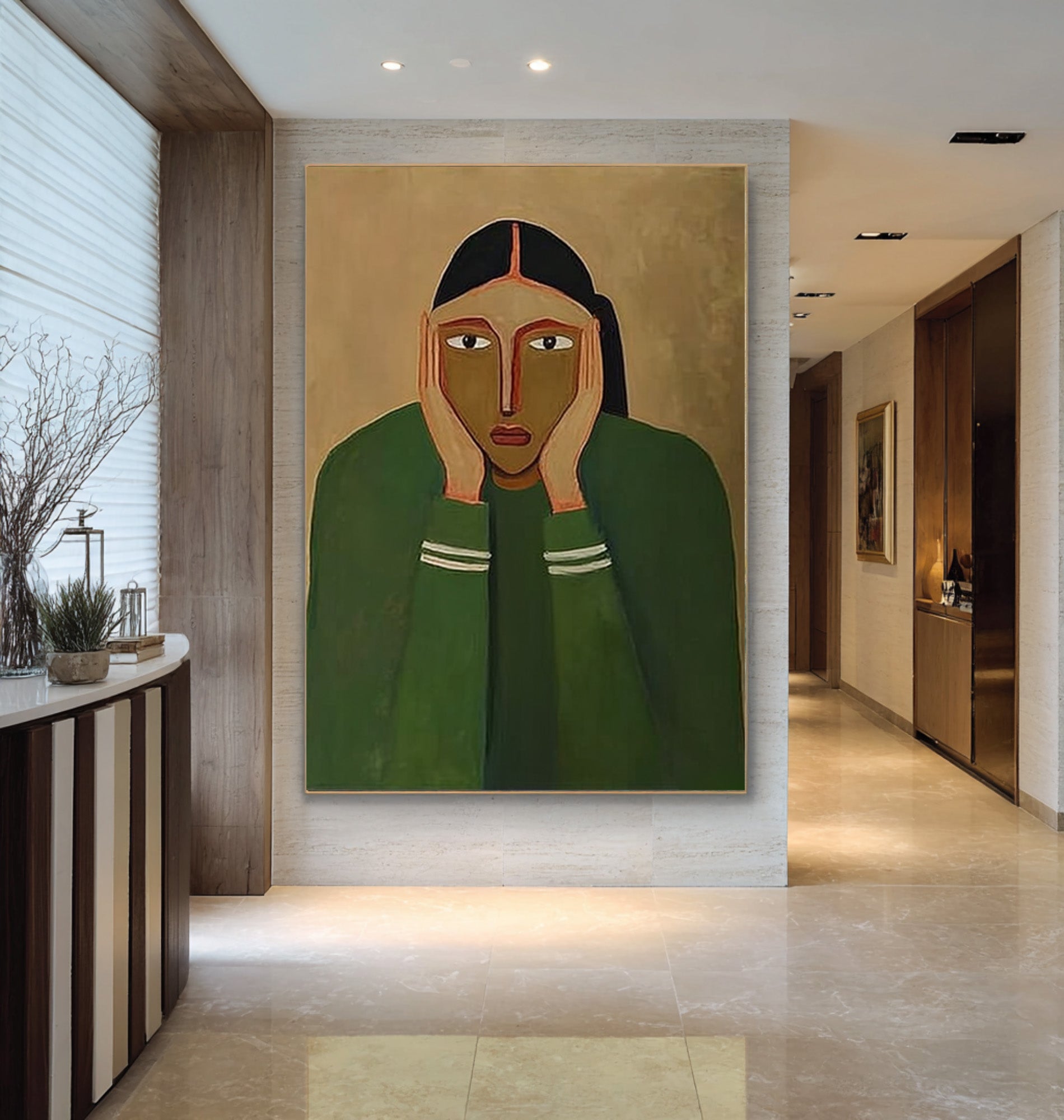 Large Modern Abstract Portrait Oil Painting in Green Tones, Emotional Wall Art for Living Room #WAC 030